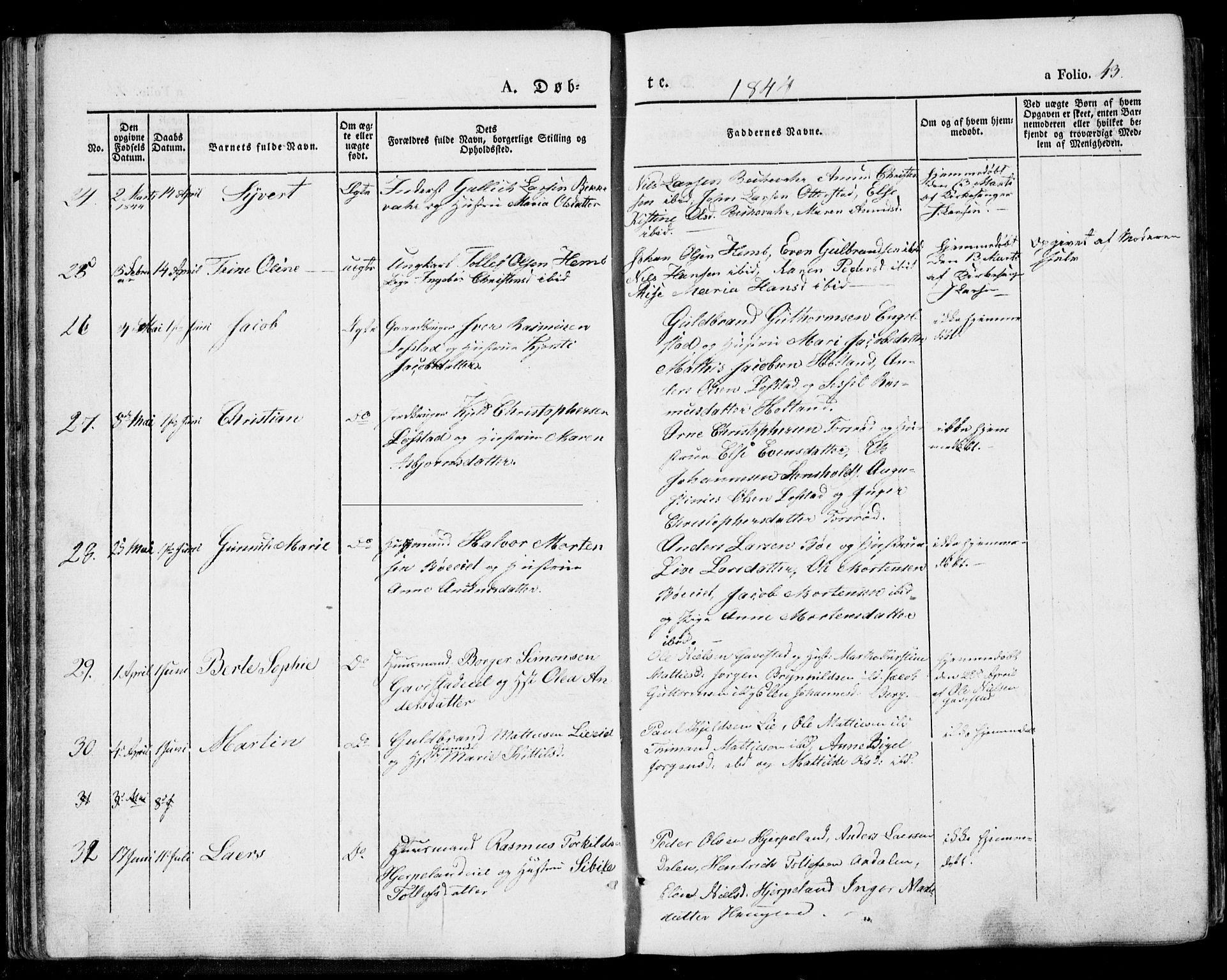 Lardal kirkebøker, SAKO/A-350/F/Fa/L0006: Parish register (official) no. I 6, 1835-1860, p. 43