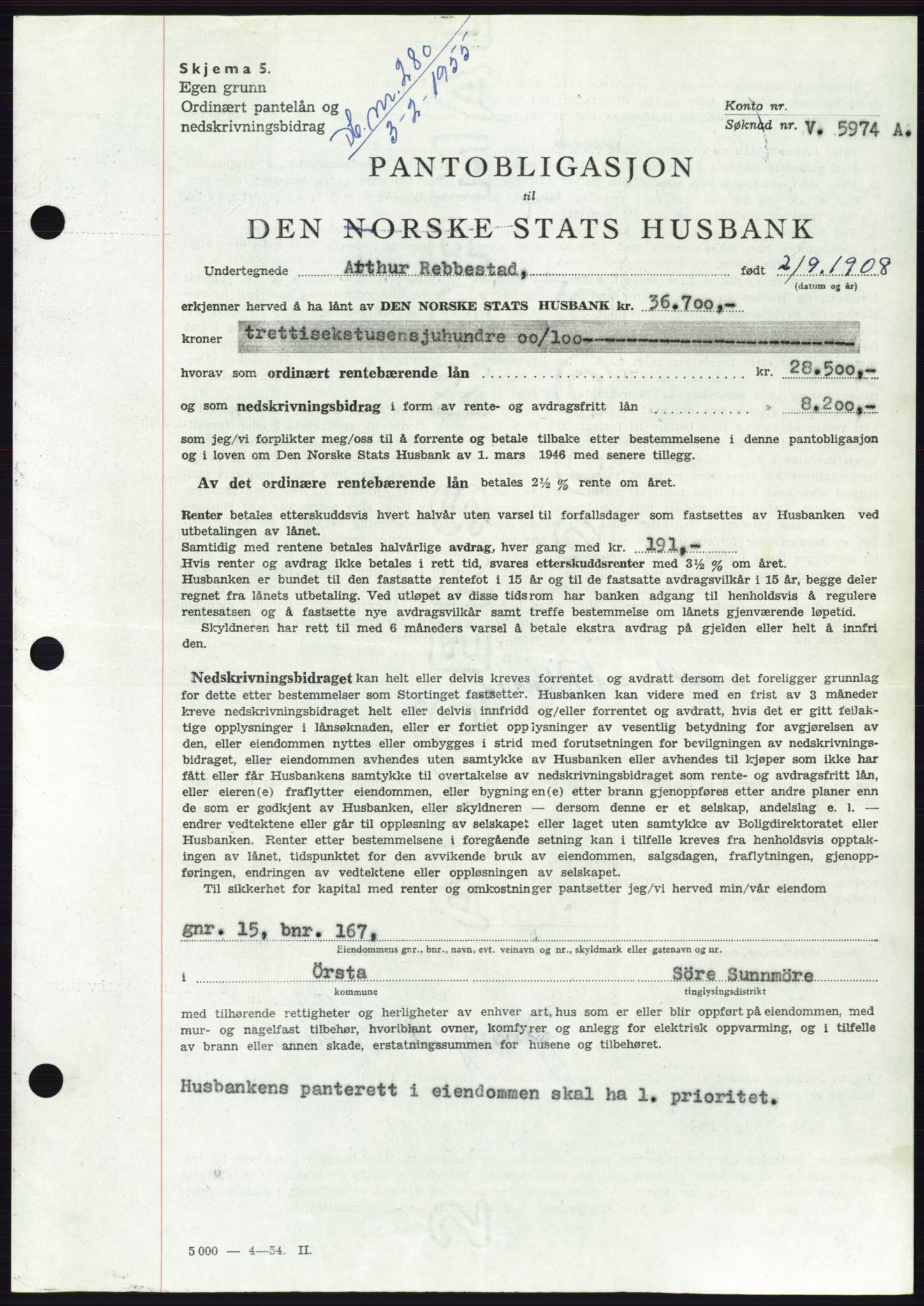 Søre Sunnmøre sorenskriveri, AV/SAT-A-4122/1/2/2C/L0126: Mortgage book no. 14B, 1954-1955, Diary no: : 280/1955