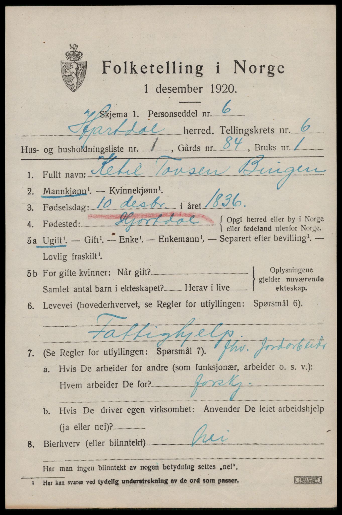 SAKO, 1920 census for Hjartdal, 1920, p. 4032