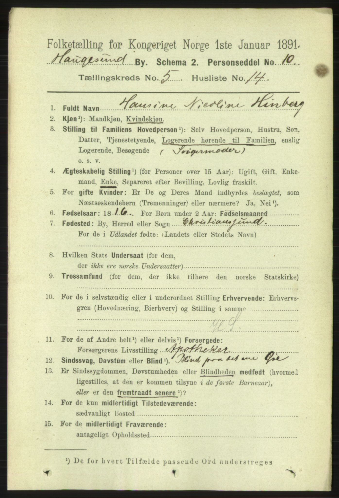 RA, 1891 census for 1106 Haugesund, 1891, p. 2267