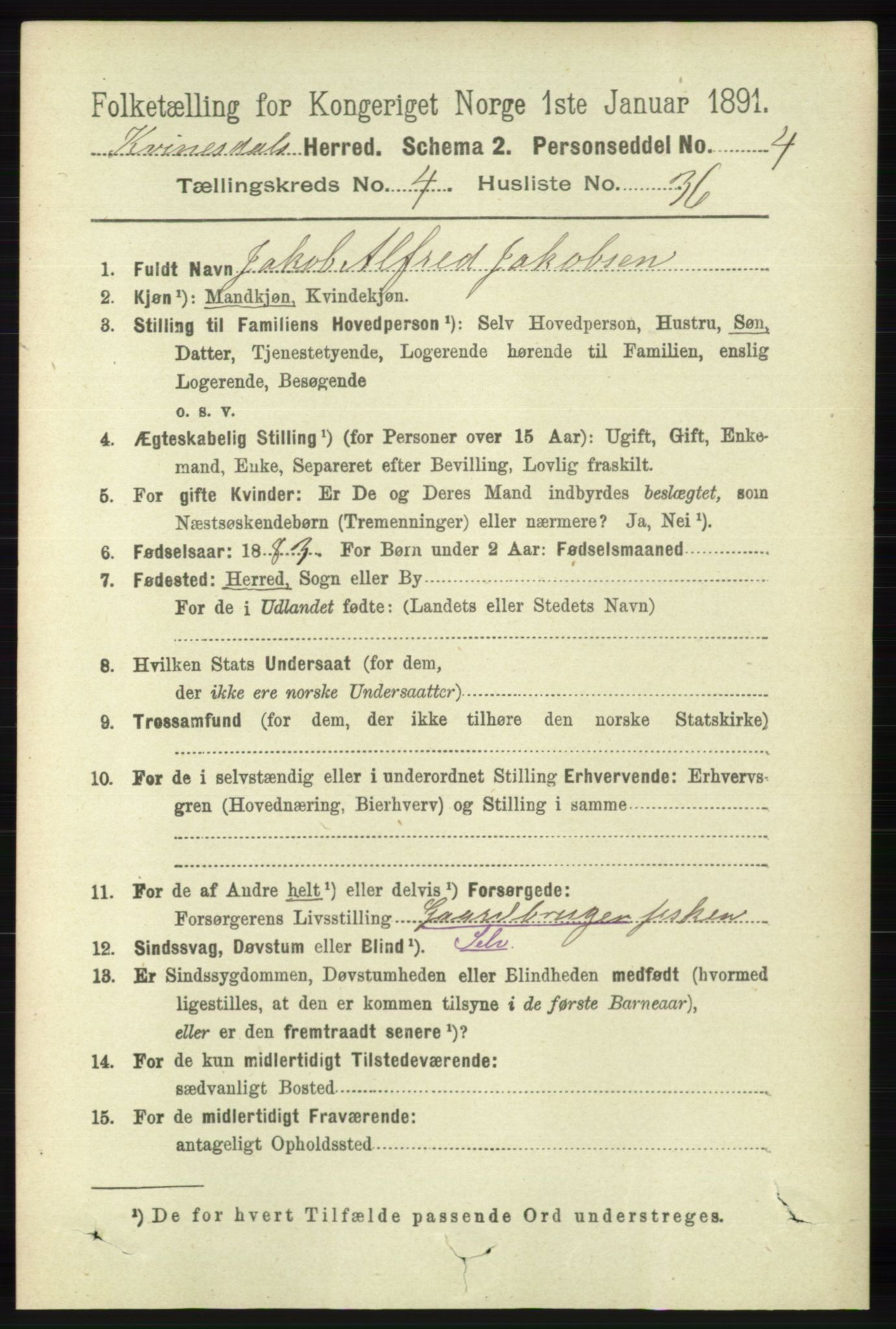 RA, 1891 census for 1037 Kvinesdal, 1891, p. 1619