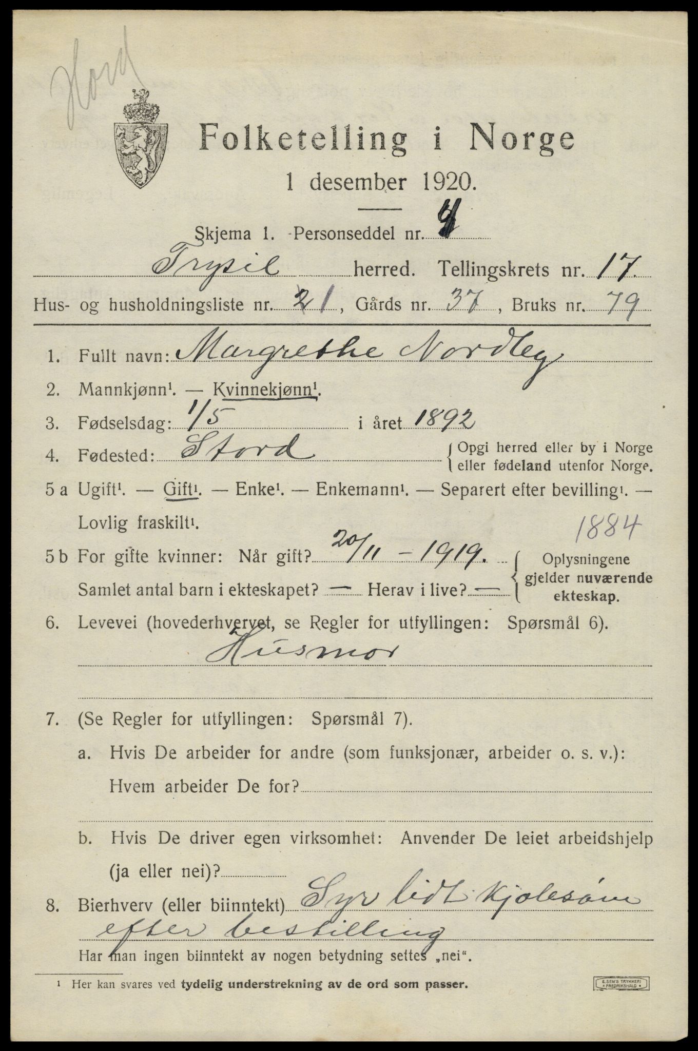 SAH, 1920 census for Trysil, 1920, p. 10185