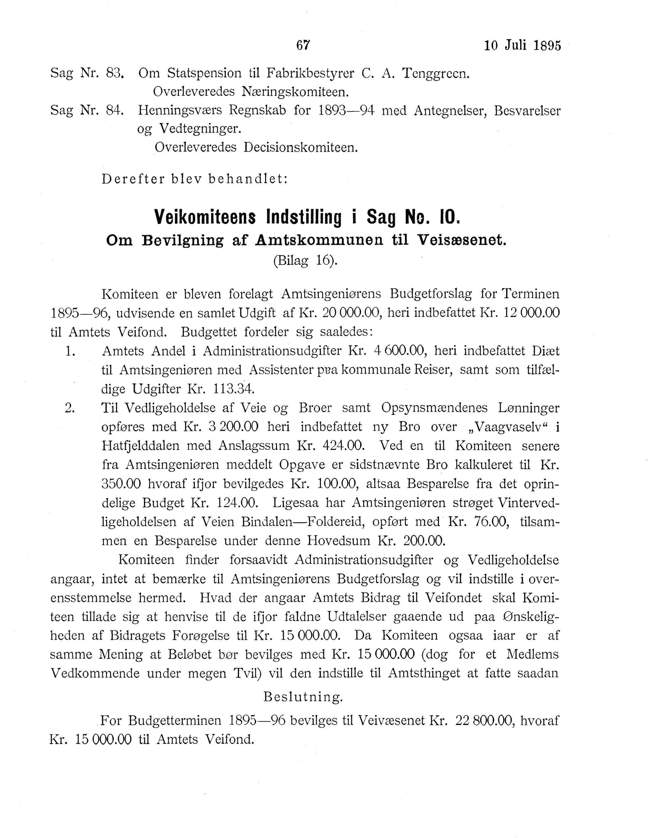 Nordland Fylkeskommune. Fylkestinget, AIN/NFK-17/176/A/Ac/L0018: Fylkestingsforhandlinger 1895, 1895