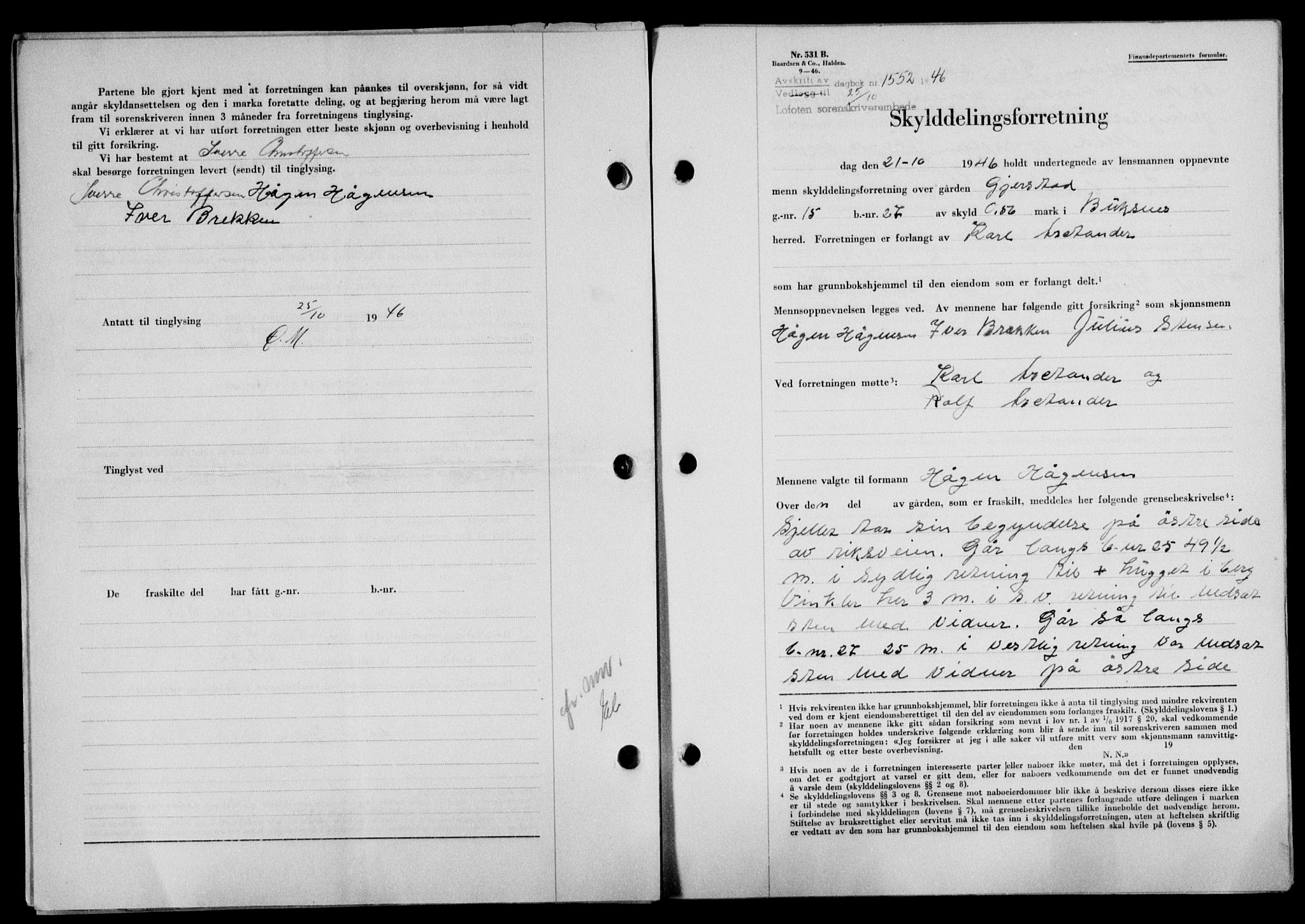 Lofoten sorenskriveri, SAT/A-0017/1/2/2C/L0014a: Mortgage book no. 14a, 1946-1946, Diary no: : 1552/1946