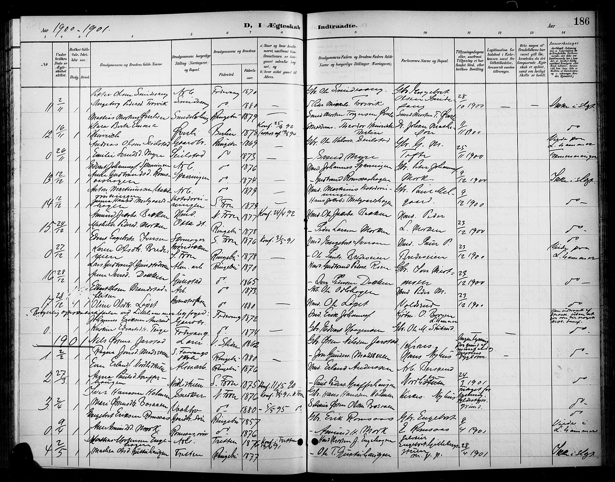 Ringebu prestekontor, SAH/PREST-082/H/Ha/Hab/L0009: Parish register (copy) no. 9, 1899-1921, p. 186