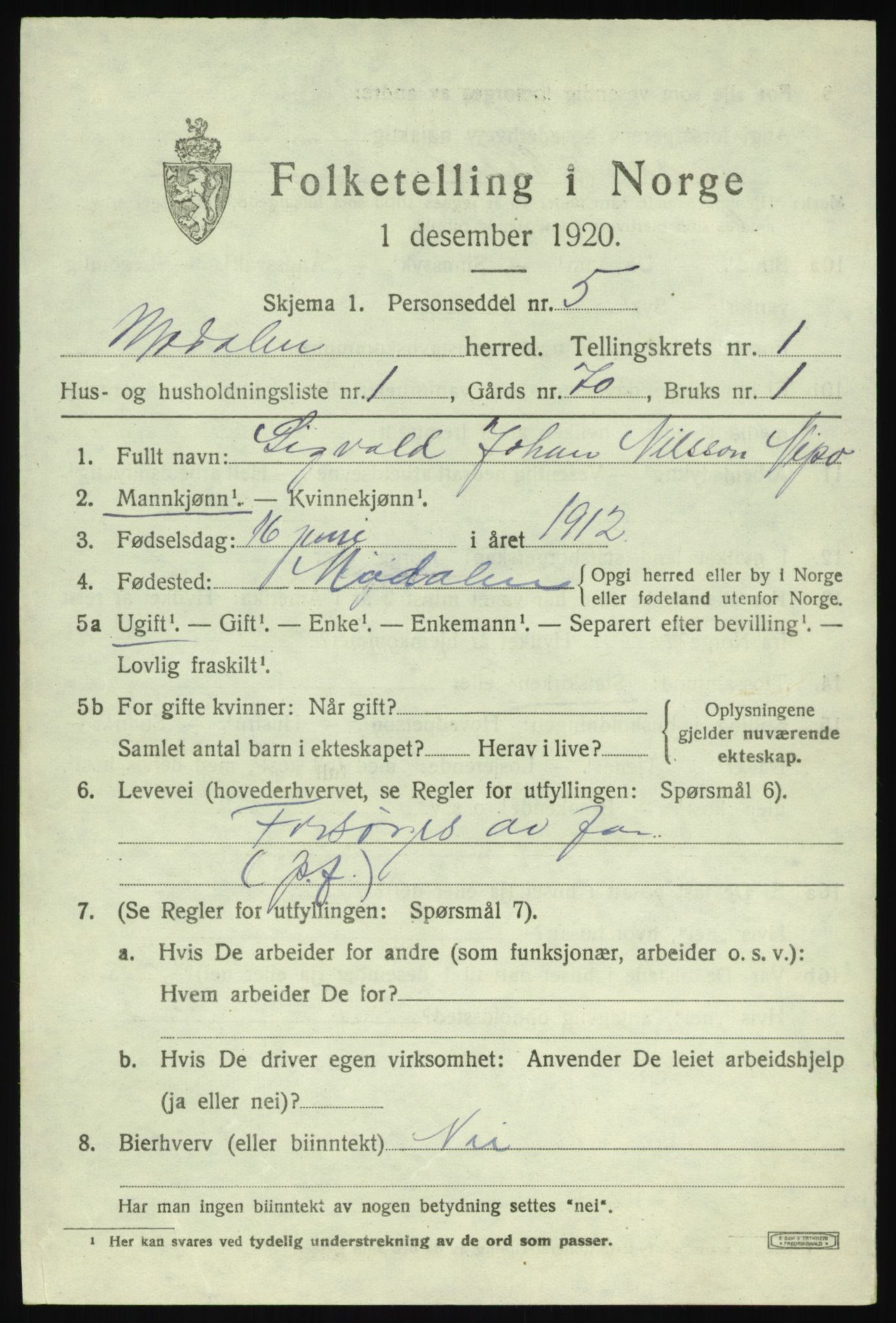 SAB, 1920 census for Modalen, 1920, p. 272