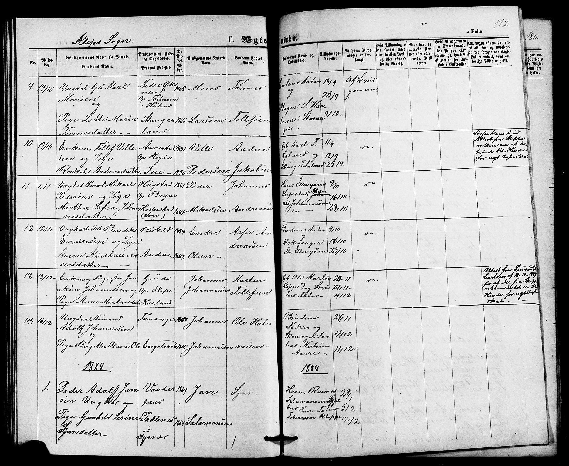 Klepp sokneprestkontor, AV/SAST-A-101803/001/3/30BB/L0003: Parish register (copy) no. B 3, 1876-1888, p. 172