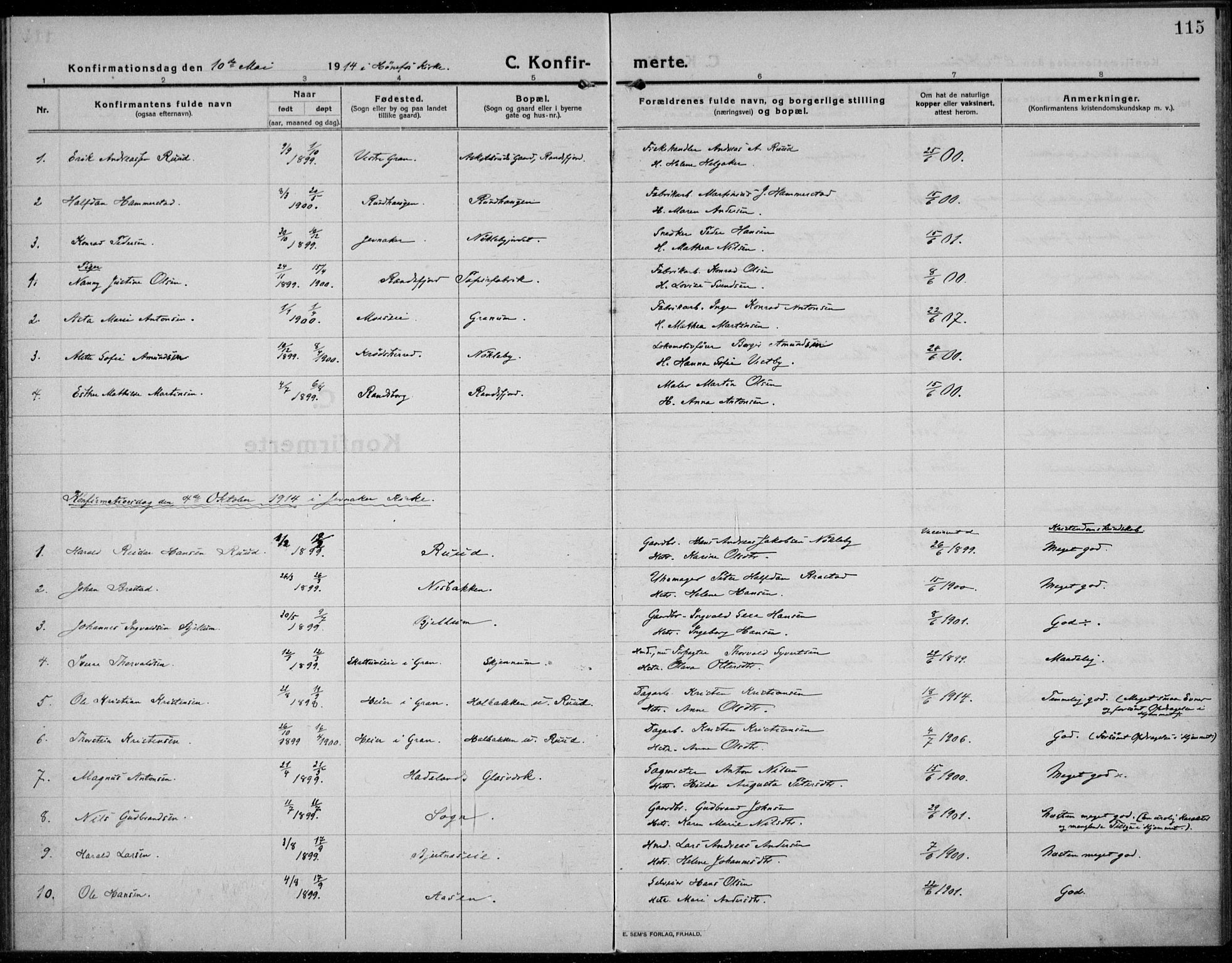 Jevnaker prestekontor, SAH/PREST-116/H/Ha/Haa/L0012: Parish register (official) no. 12, 1914-1924, p. 115