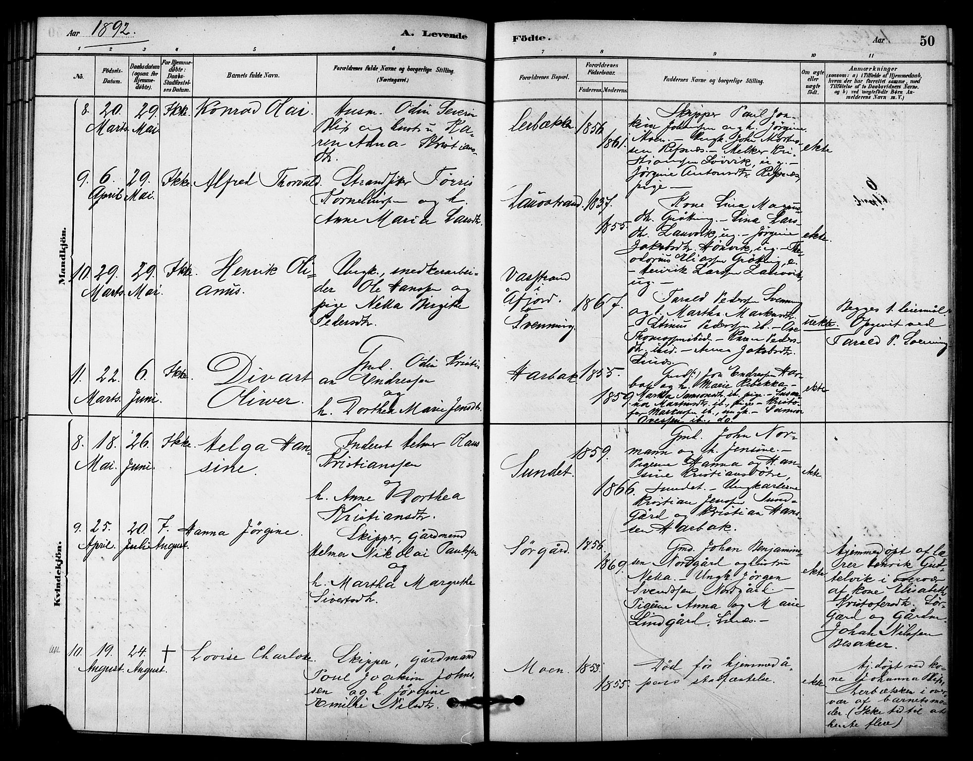 Ministerialprotokoller, klokkerbøker og fødselsregistre - Sør-Trøndelag, AV/SAT-A-1456/656/L0692: Parish register (official) no. 656A01, 1879-1893, p. 50