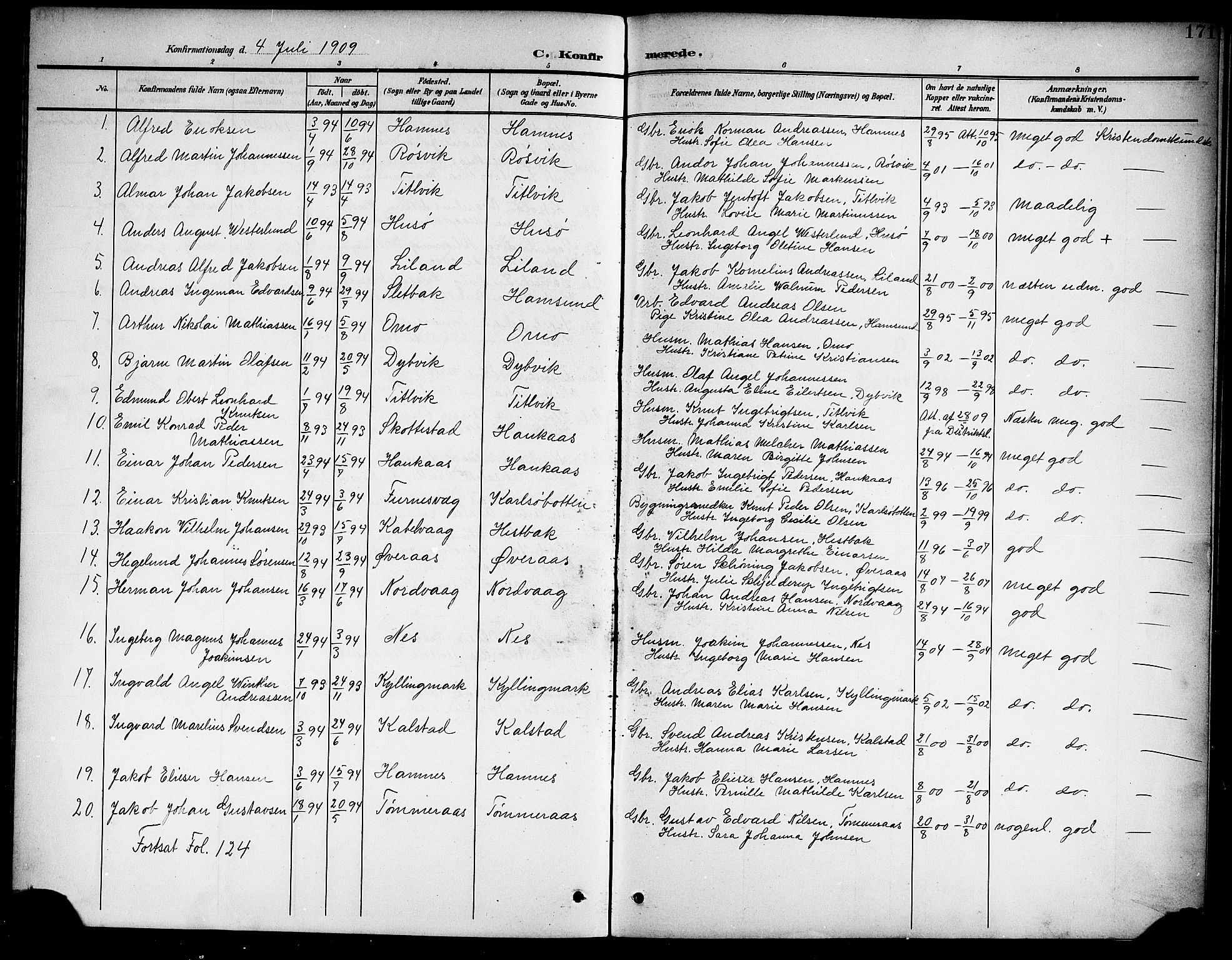 Ministerialprotokoller, klokkerbøker og fødselsregistre - Nordland, SAT/A-1459/859/L0860: Parish register (copy) no. 859C06, 1899-1909, p. 171