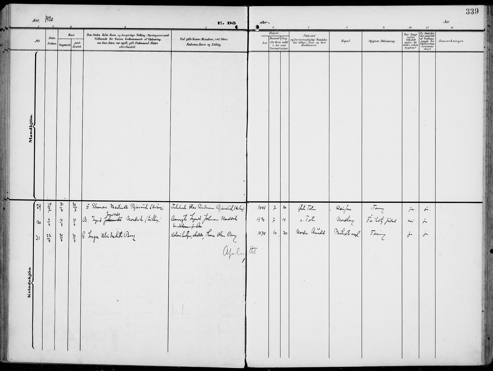 Vestre Toten prestekontor, AV/SAH-PREST-108/H/Ha/Haa/L0014: Parish register (official) no. 14, 1907-1920, p. 339