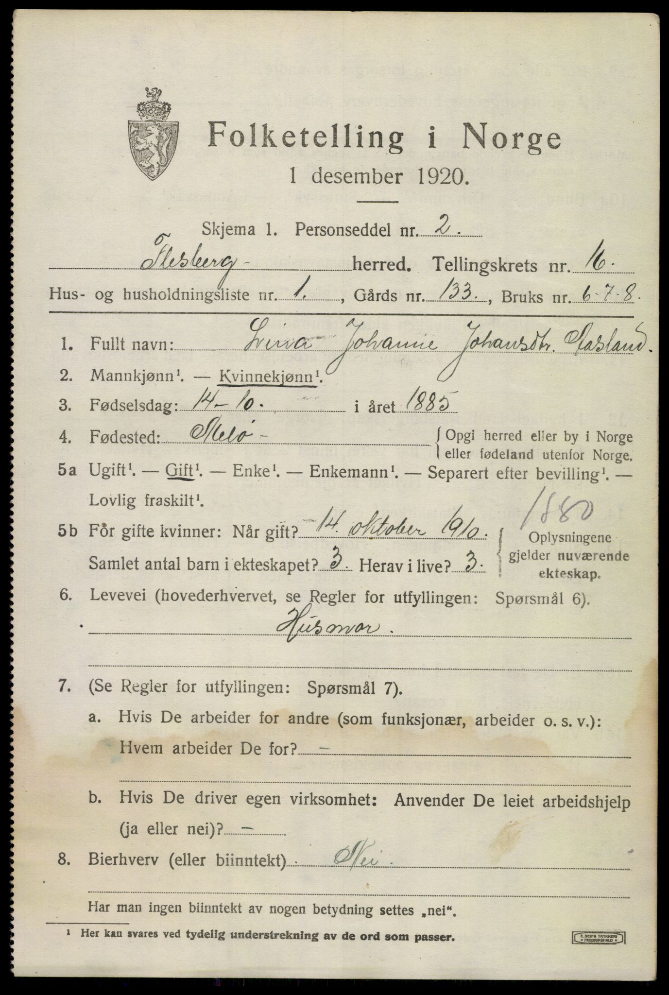 SAKO, 1920 census for Flesberg, 1920, p. 5005