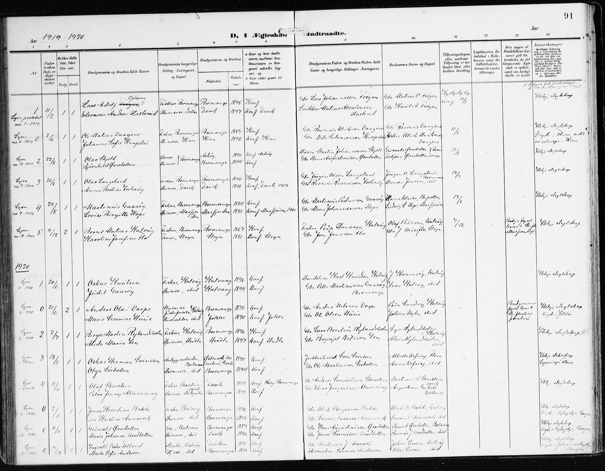 Bremanger sokneprestembete, SAB/A-82201/H/Haa/Haab/L0003: Parish register (official) no. B 3, 1908-1925, p. 91