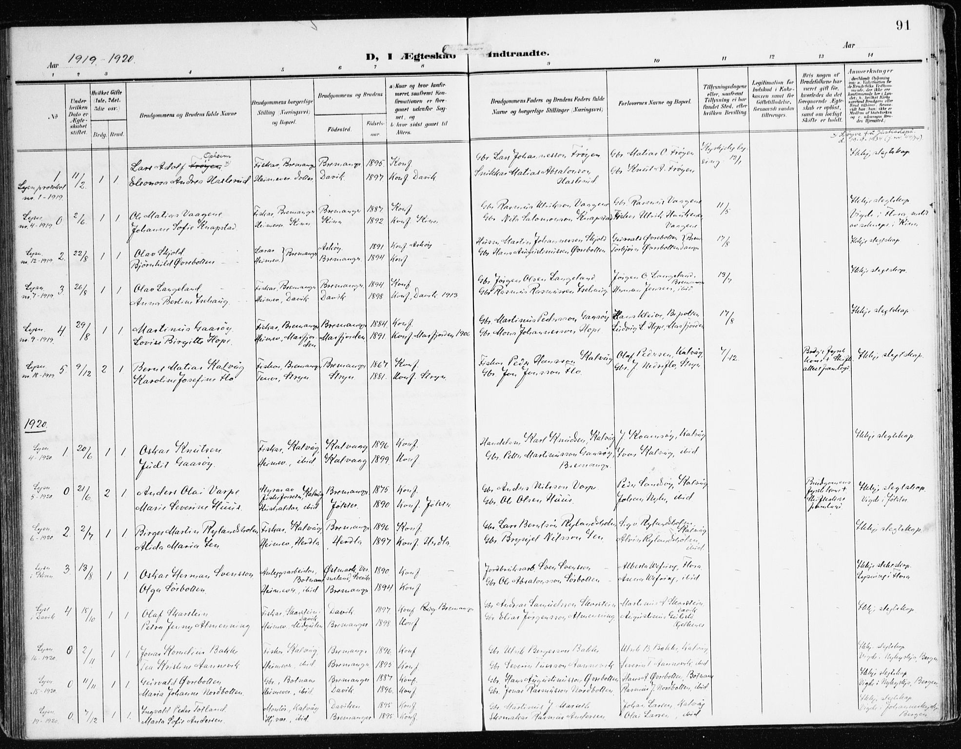 Bremanger sokneprestembete, AV/SAB-A-82201/H/Haa/Haab/L0003: Parish register (official) no. B 3, 1908-1925, p. 91