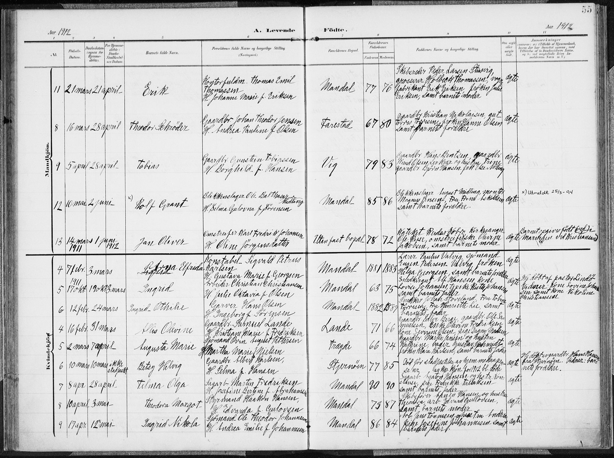 Mandal sokneprestkontor, AV/SAK-1111-0030/F/Fa/Faa/L0020: Parish register (official) no. A 20, 1906-1912, p. 55