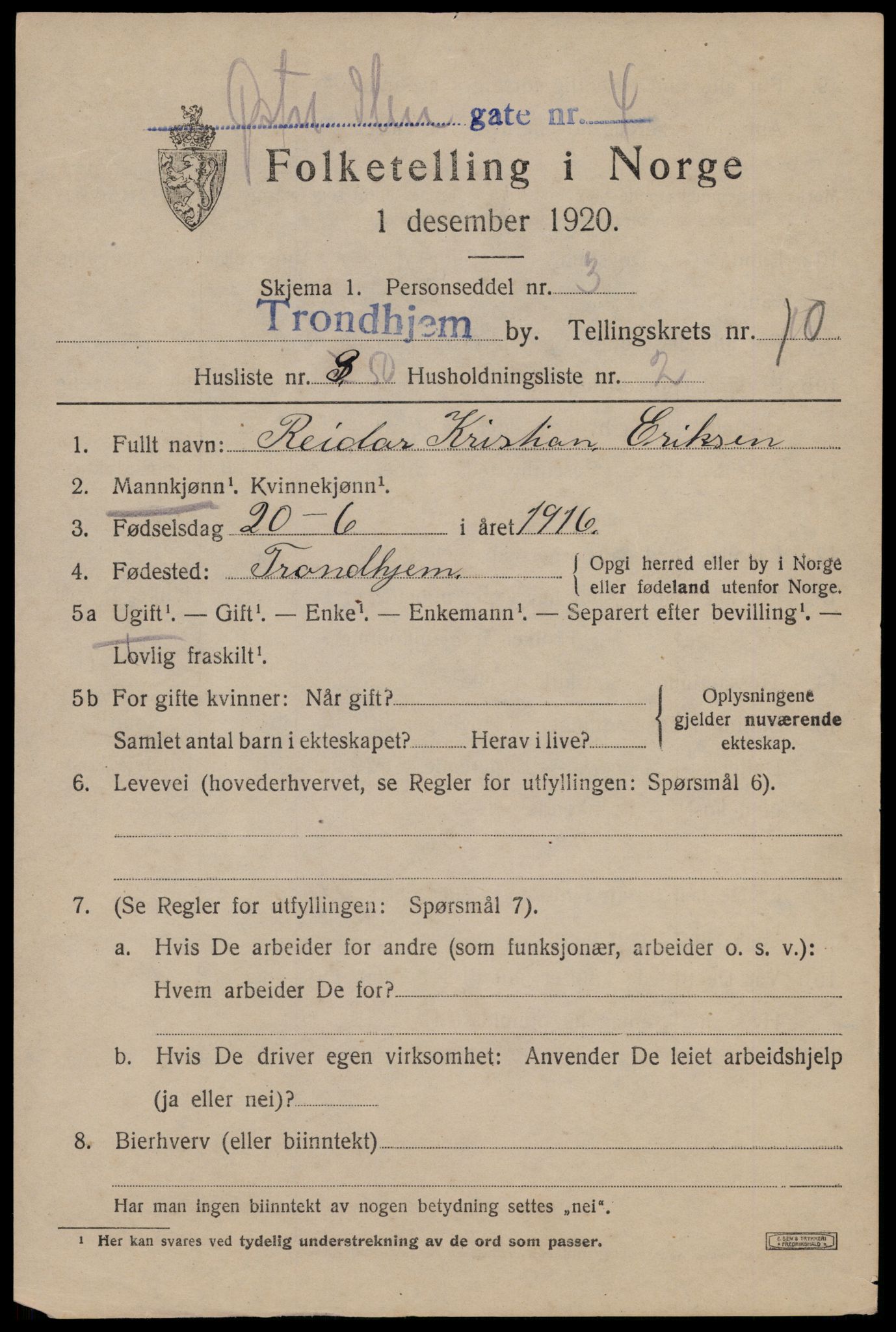 SAT, 1920 census for Trondheim, 1920, p. 46168