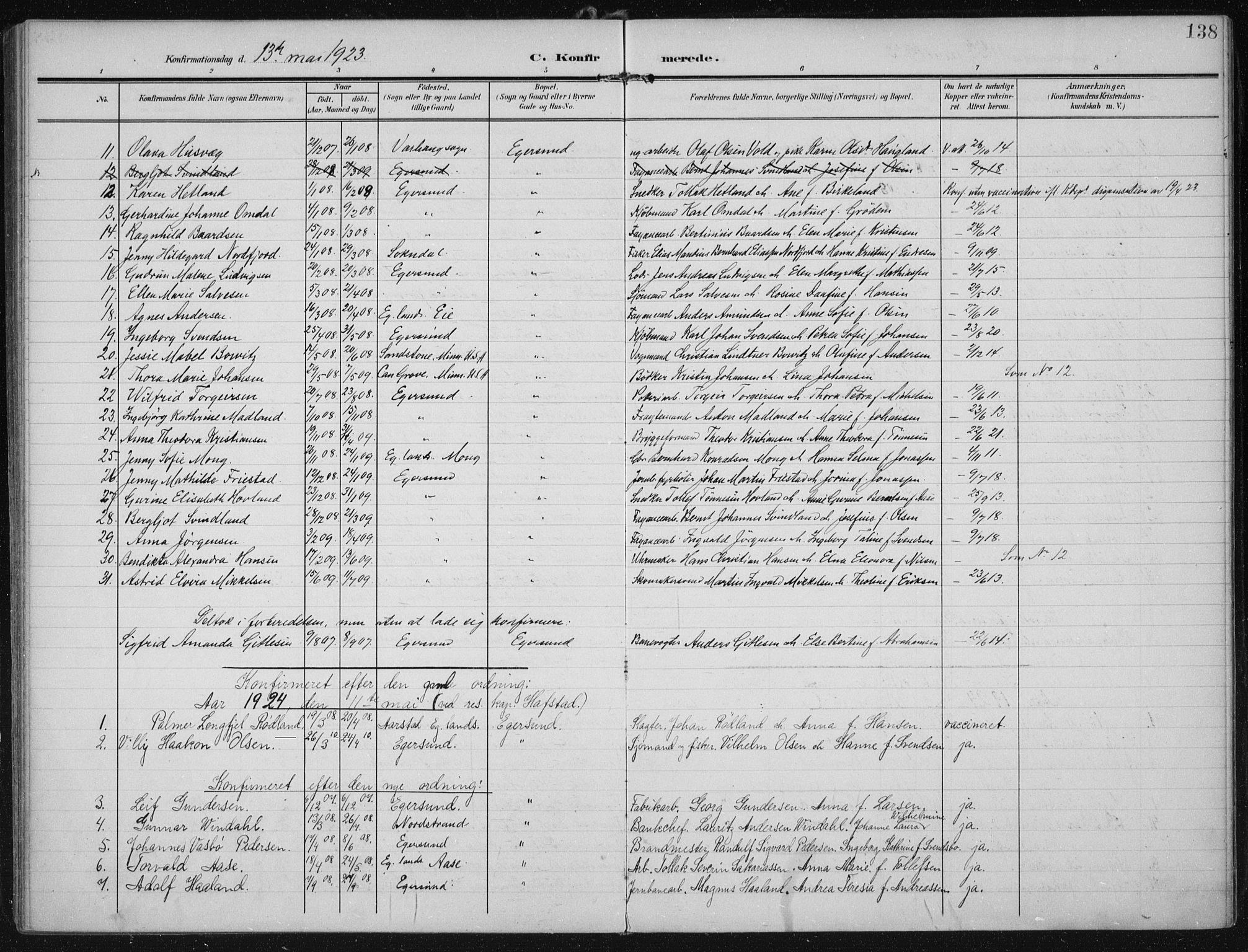 Eigersund sokneprestkontor, SAST/A-101807/S08/L0022: Parish register (official) no. A 21, 1905-1928, p. 138
