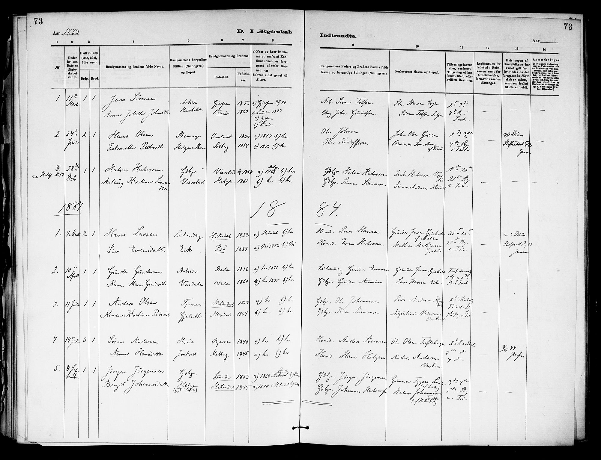 Holla kirkebøker, SAKO/A-272/F/Fa/L0009: Parish register (official) no. 9, 1881-1897, p. 73