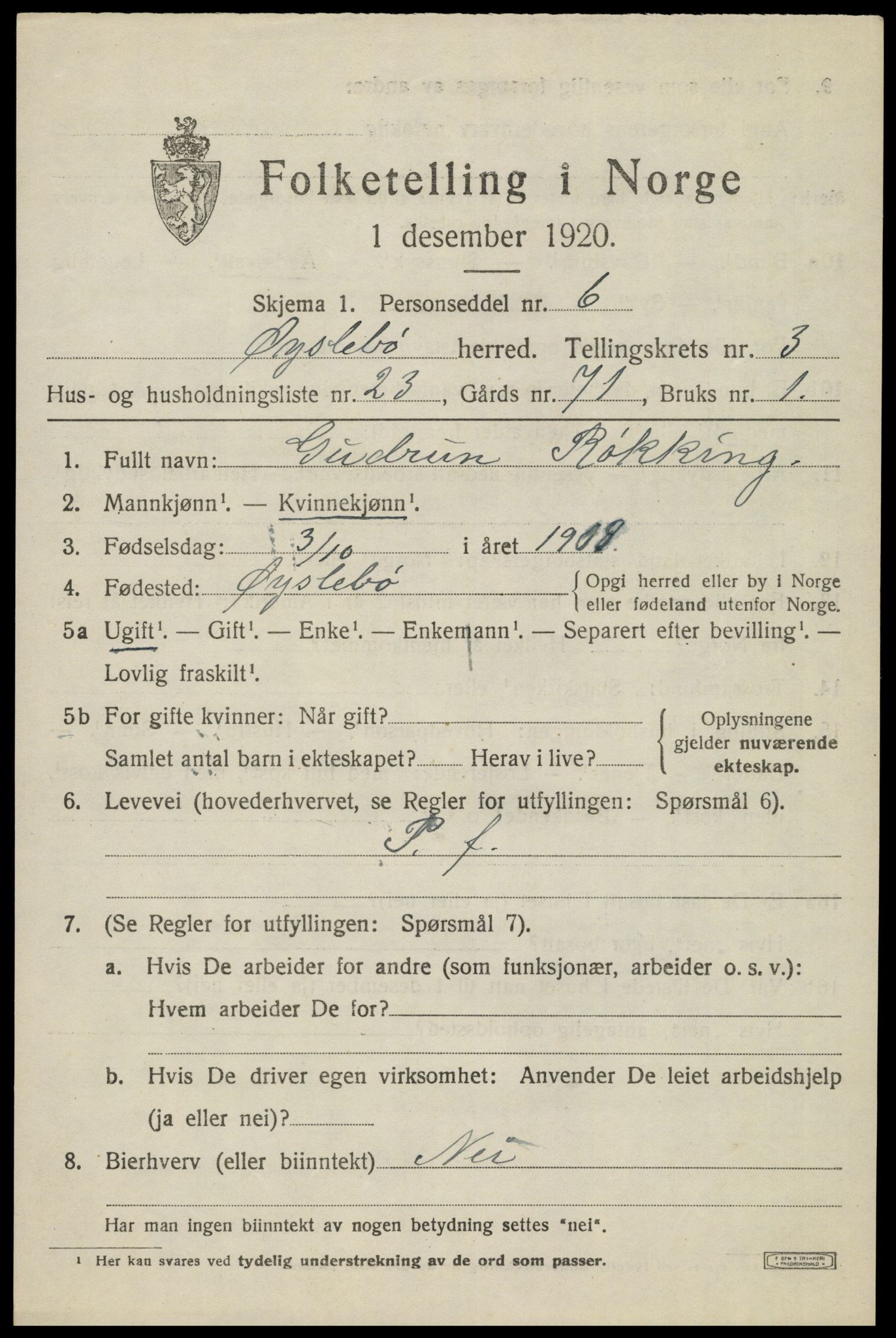 SAK, 1920 census for Øyslebø, 1920, p. 1120