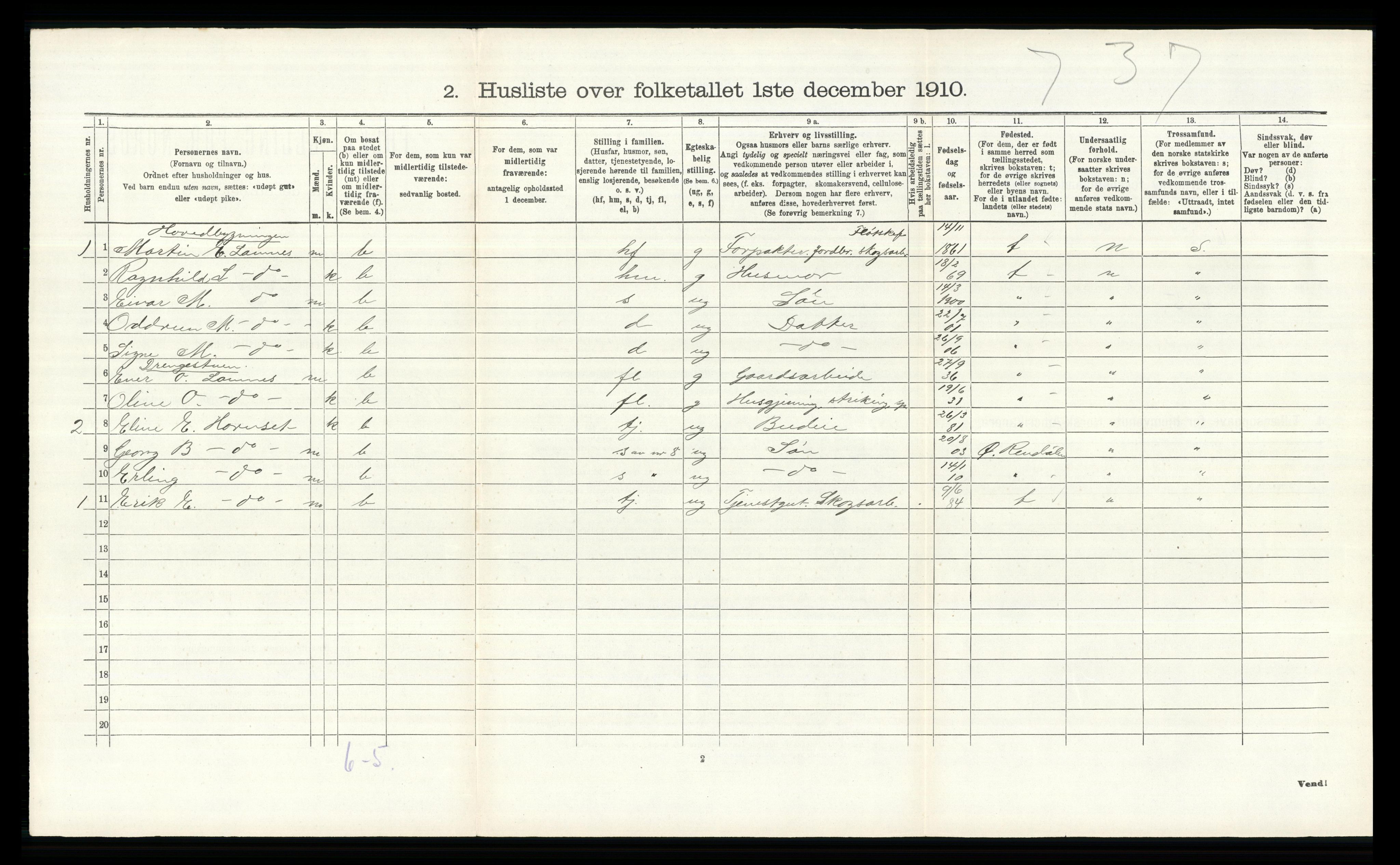 RA, 1910 census for Ytre Rendal, 1910, p. 280