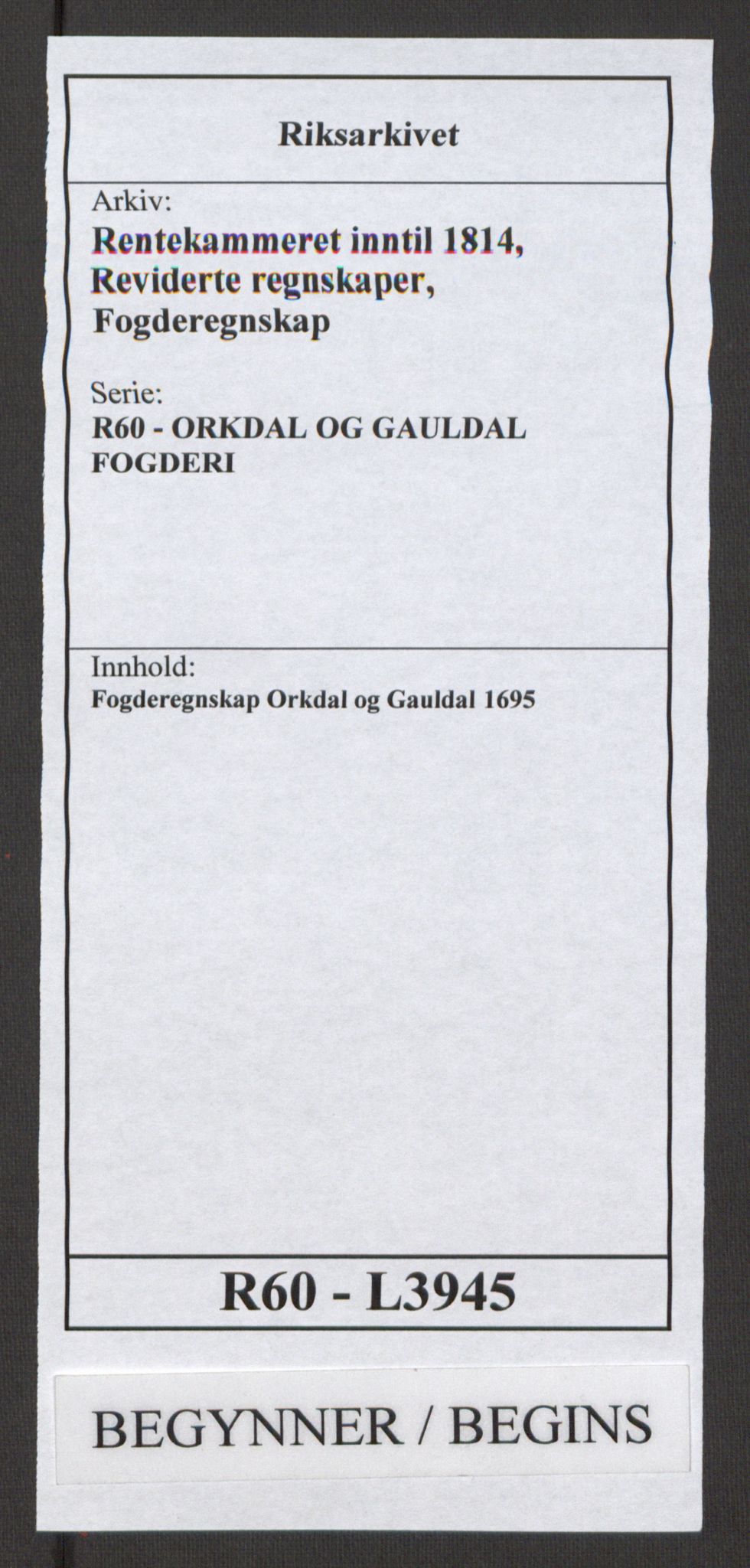 Rentekammeret inntil 1814, Reviderte regnskaper, Fogderegnskap, RA/EA-4092/R60/L3945: Fogderegnskap Orkdal og Gauldal, 1695, p. 1