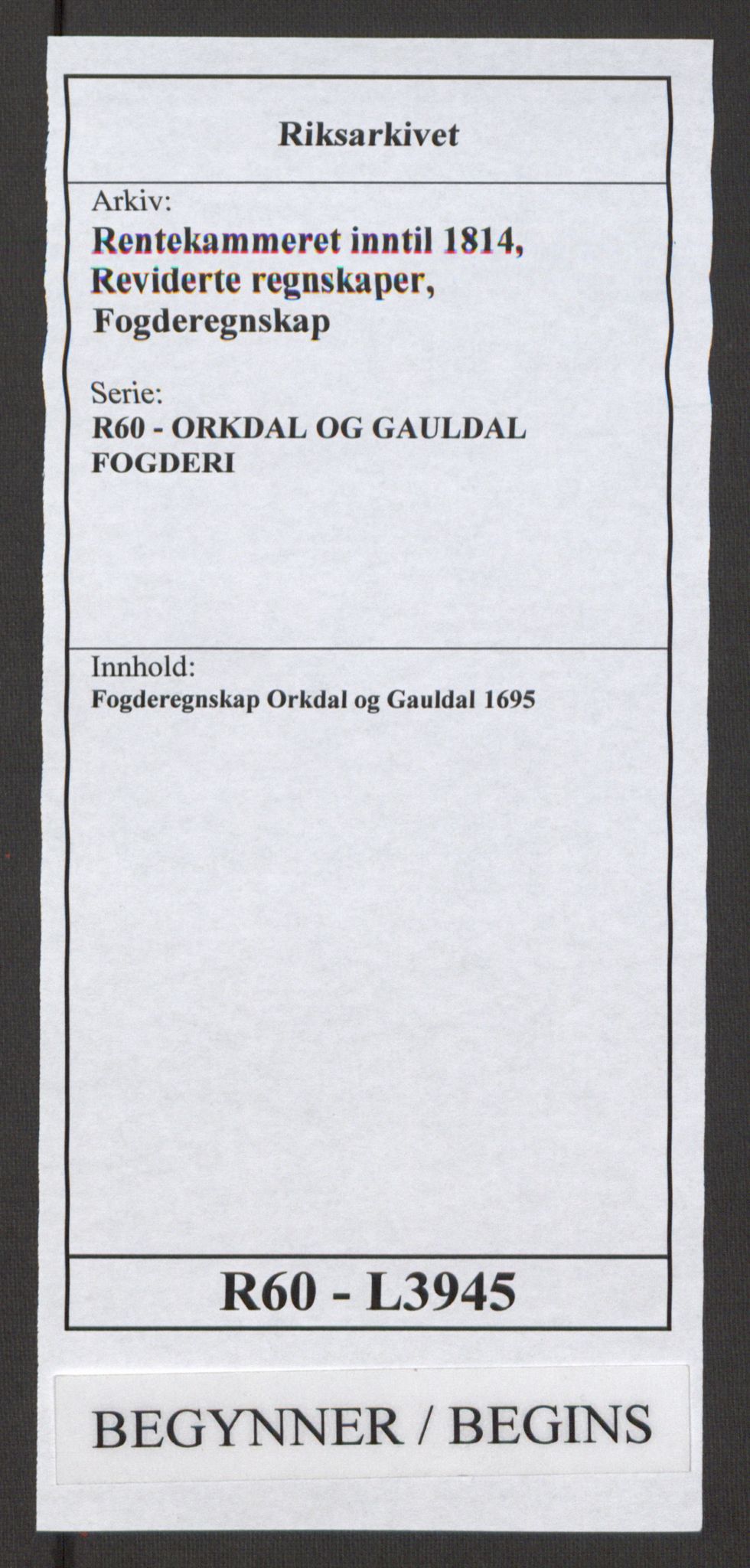 Rentekammeret inntil 1814, Reviderte regnskaper, Fogderegnskap, AV/RA-EA-4092/R60/L3945: Fogderegnskap Orkdal og Gauldal, 1695, p. 1