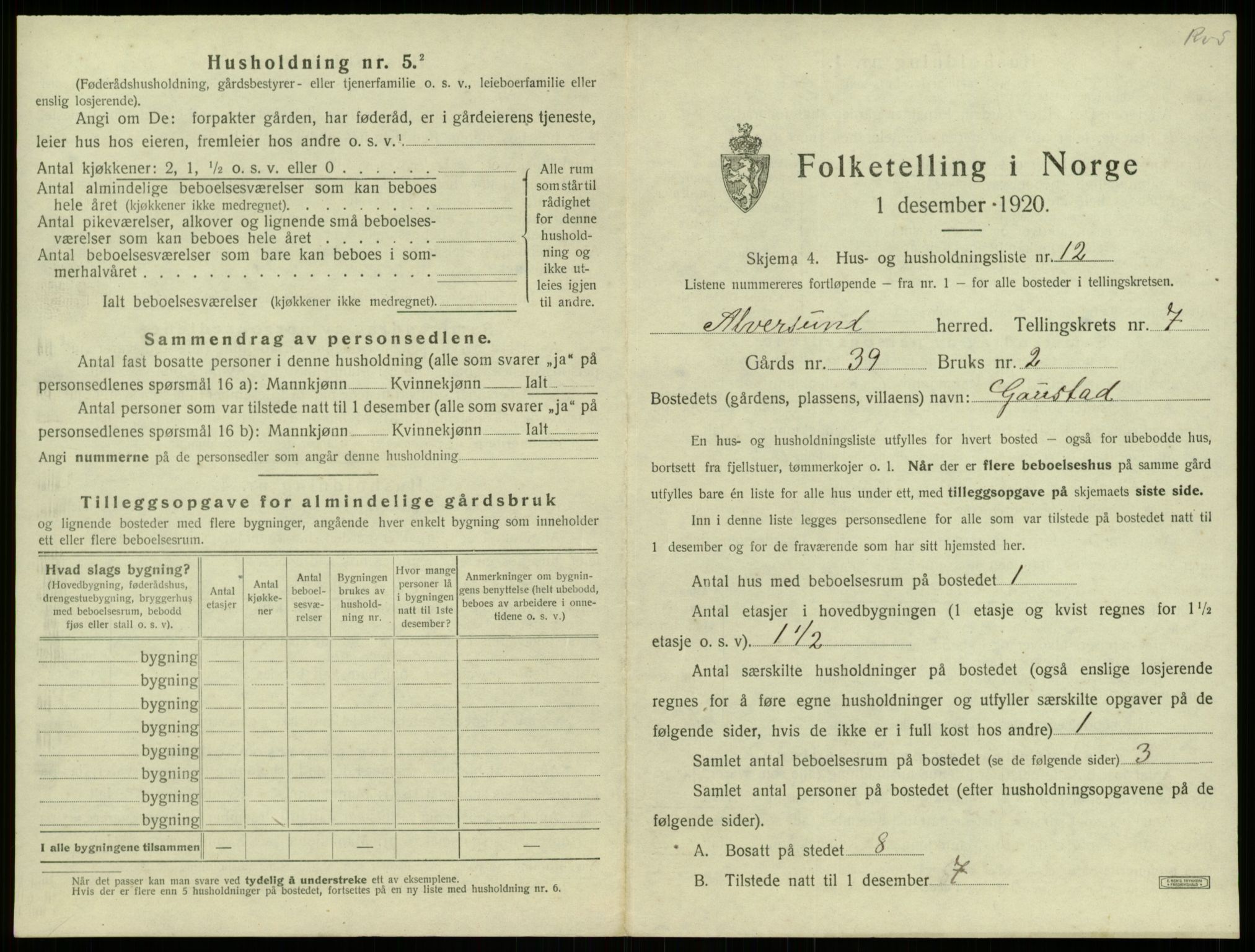 SAB, 1920 census for Alversund, 1920, p. 576