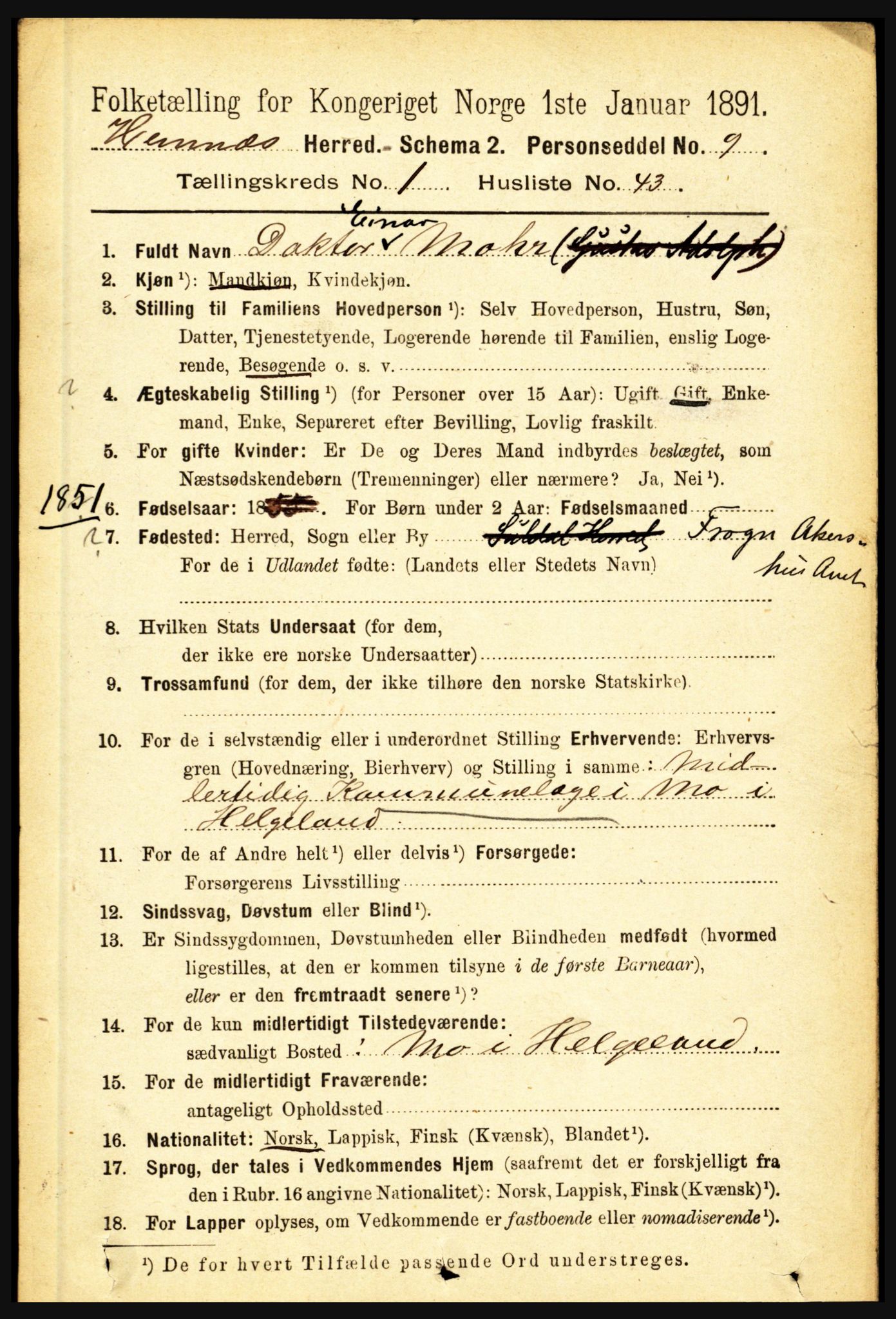 RA, 1891 census for 1832 Hemnes, 1891, p. 505