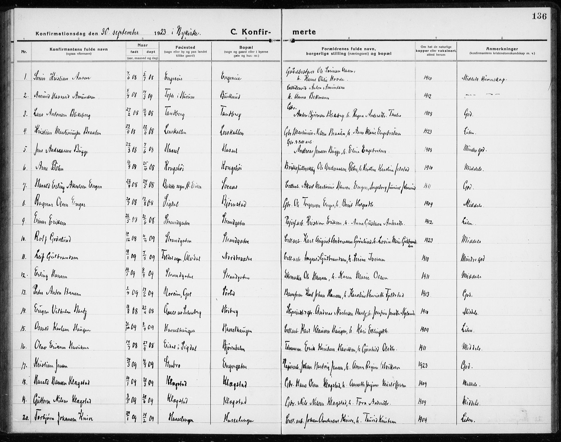 Modum kirkebøker, AV/SAKO-A-234/G/Gc/L0002: Parish register (copy) no. III 2, 1919-1935, p. 136