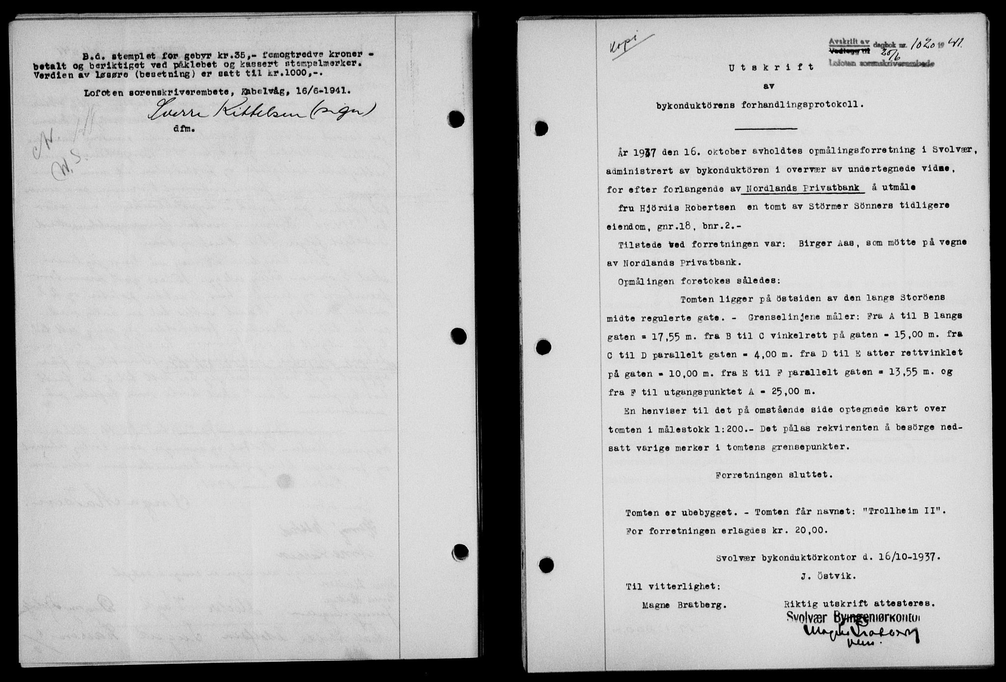 Lofoten sorenskriveri, SAT/A-0017/1/2/2C/L0008a: Mortgage book no. 8a, 1940-1941, Diary no: : 1020/1941