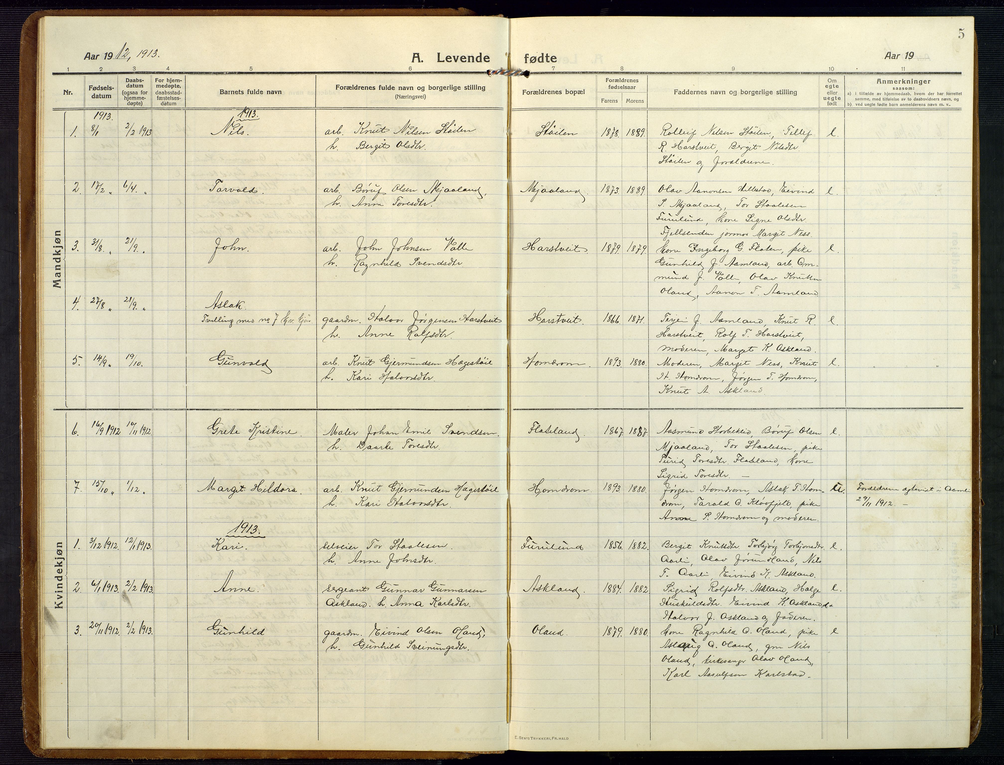 Åmli sokneprestkontor, AV/SAK-1111-0050/F/Fb/Fba/L0003: Parish register (copy) no. B 3, 1912-1974, p. 5