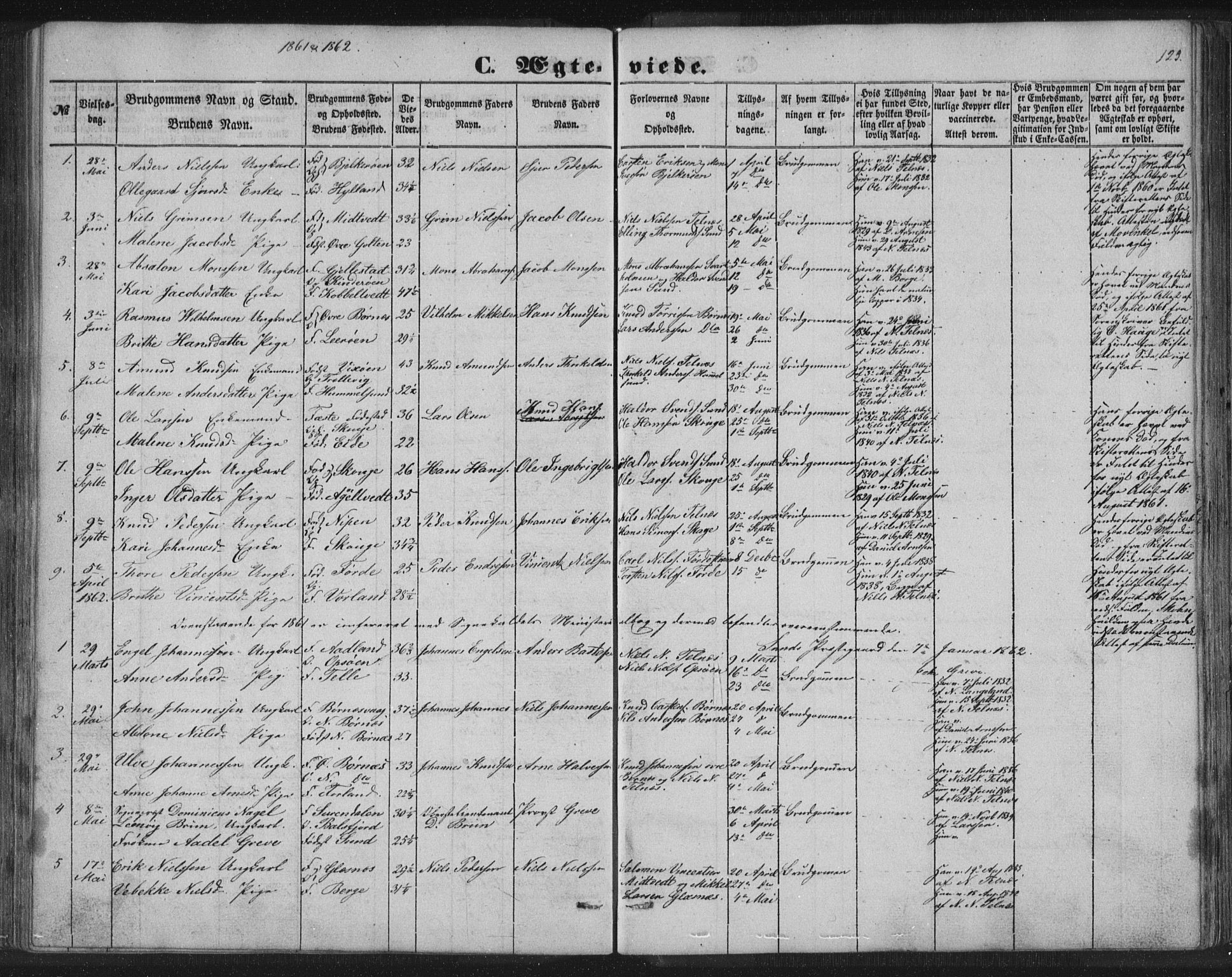 Sund sokneprestembete, SAB/A-99930: Parish register (copy) no. B 1, 1852-1873, p. 123