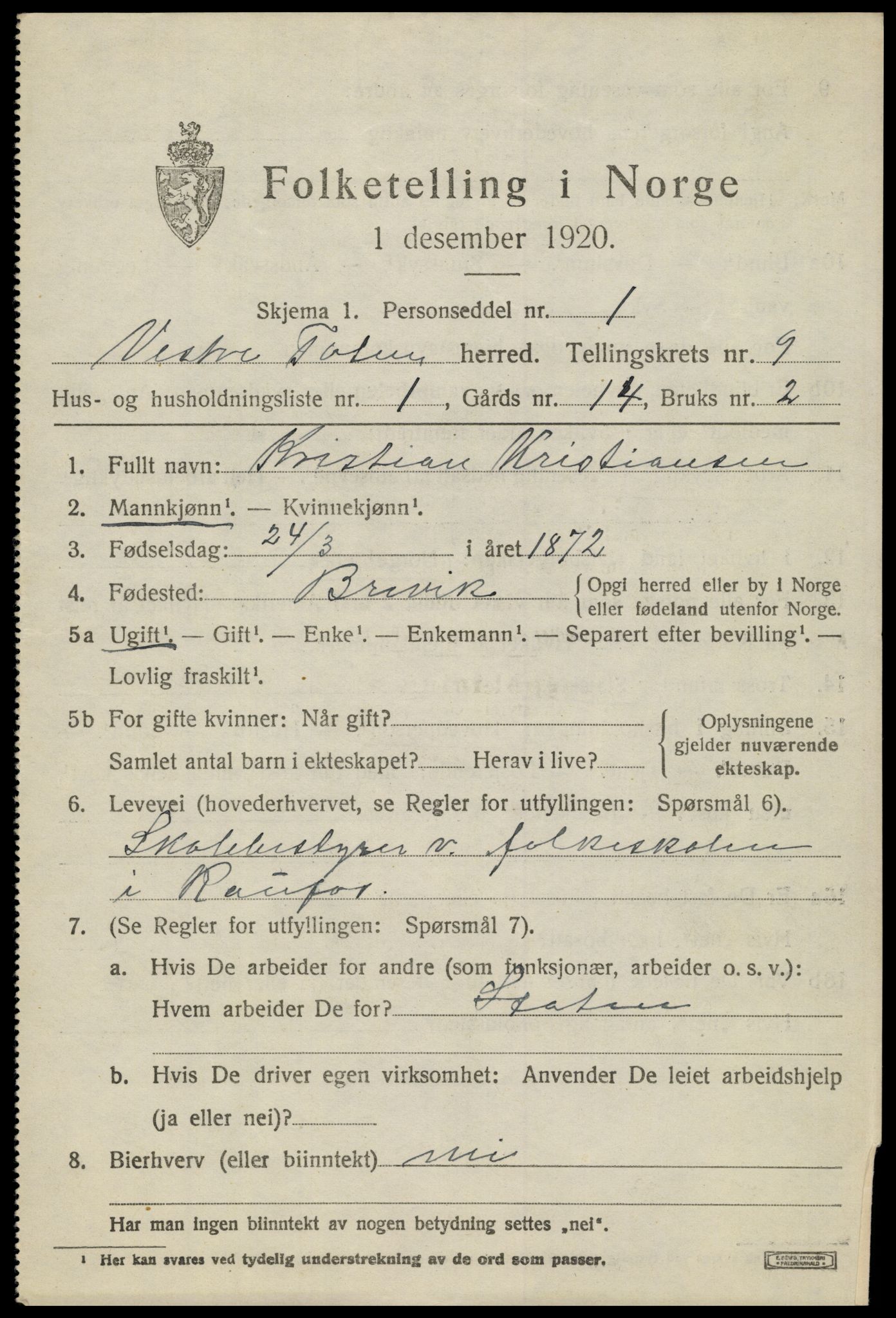 SAH, 1920 census for Vestre Toten, 1920, p. 11140