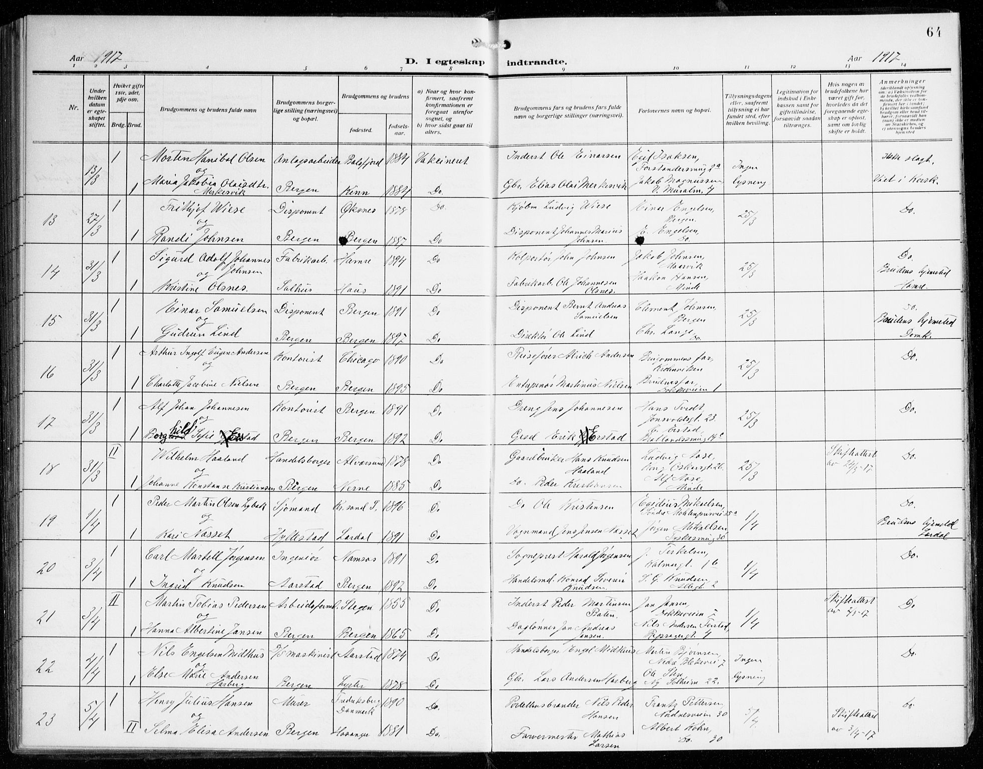 Johanneskirken sokneprestembete, SAB/A-76001/H/Haa/L0013: Parish register (official) no. D 2, 1912-1929, p. 64