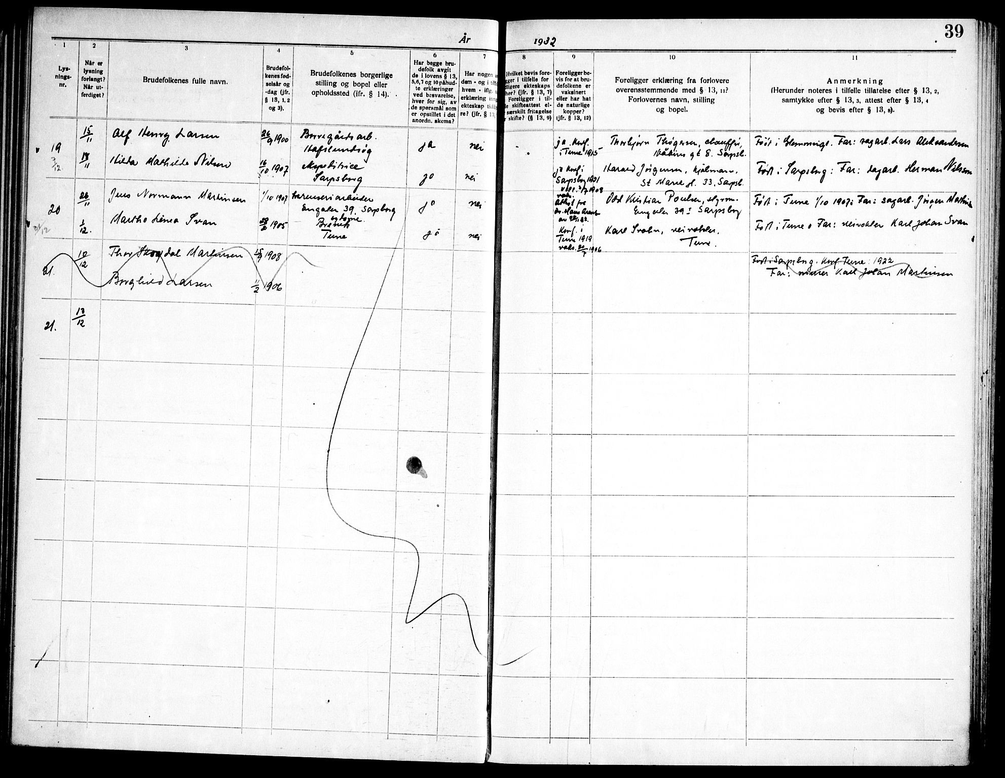 Tune prestekontor Kirkebøker, AV/SAO-A-2007/H/Ha/L0001: Banns register no. I 1, 1919-1946, p. 39
