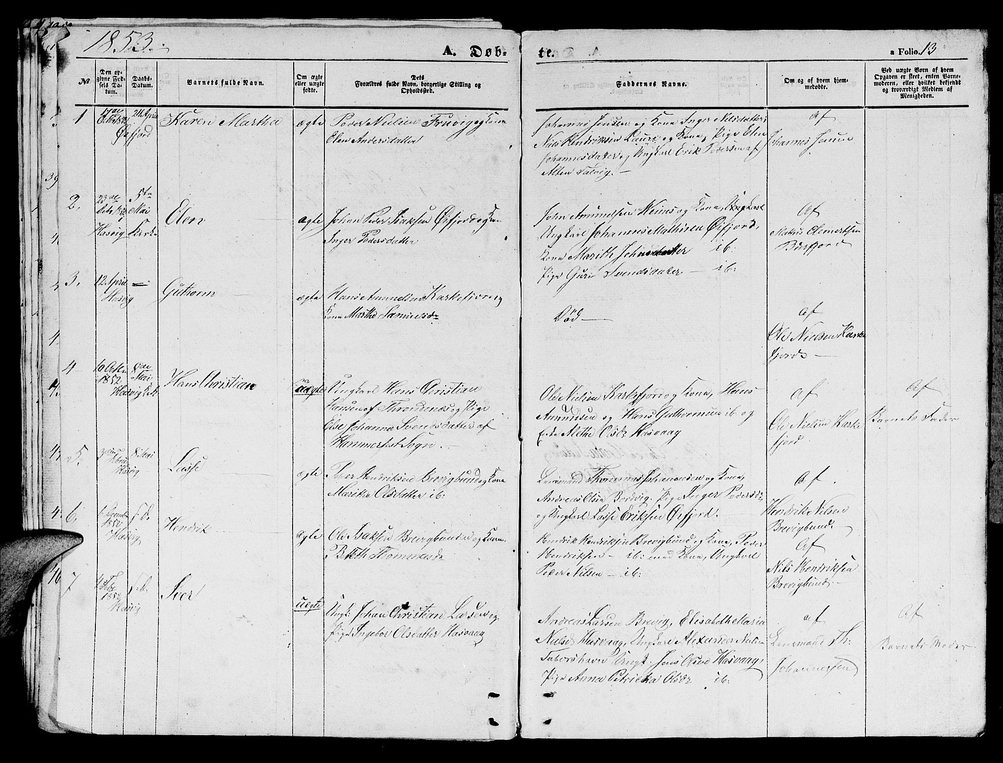 Loppa sokneprestkontor, AV/SATØ-S-1339/H/Hb/L0002klokker: Parish register (copy) no. 2, 1850-1880, p. 13