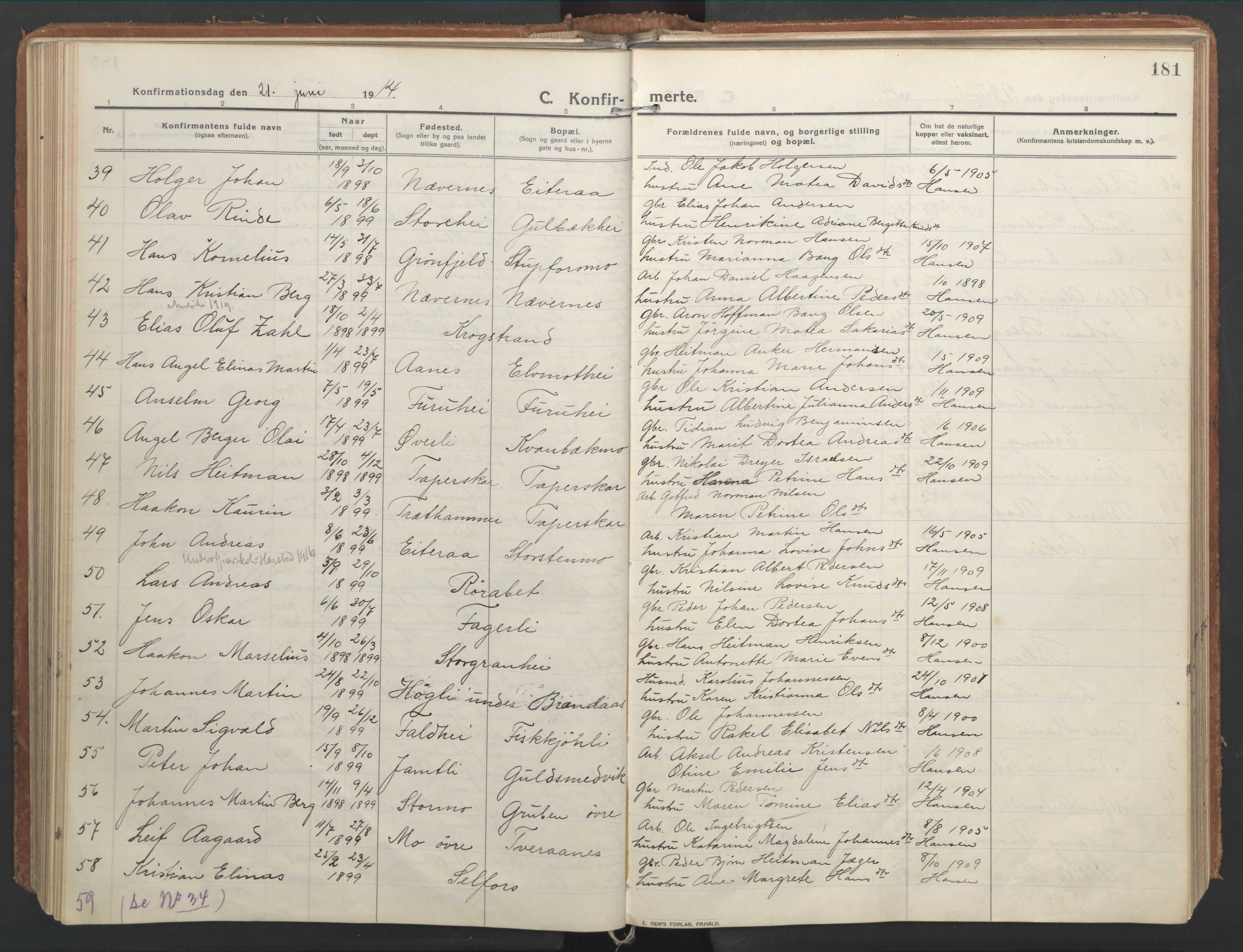 Ministerialprotokoller, klokkerbøker og fødselsregistre - Nordland, AV/SAT-A-1459/827/L0404: Parish register (official) no. 827A16, 1912-1925, p. 181