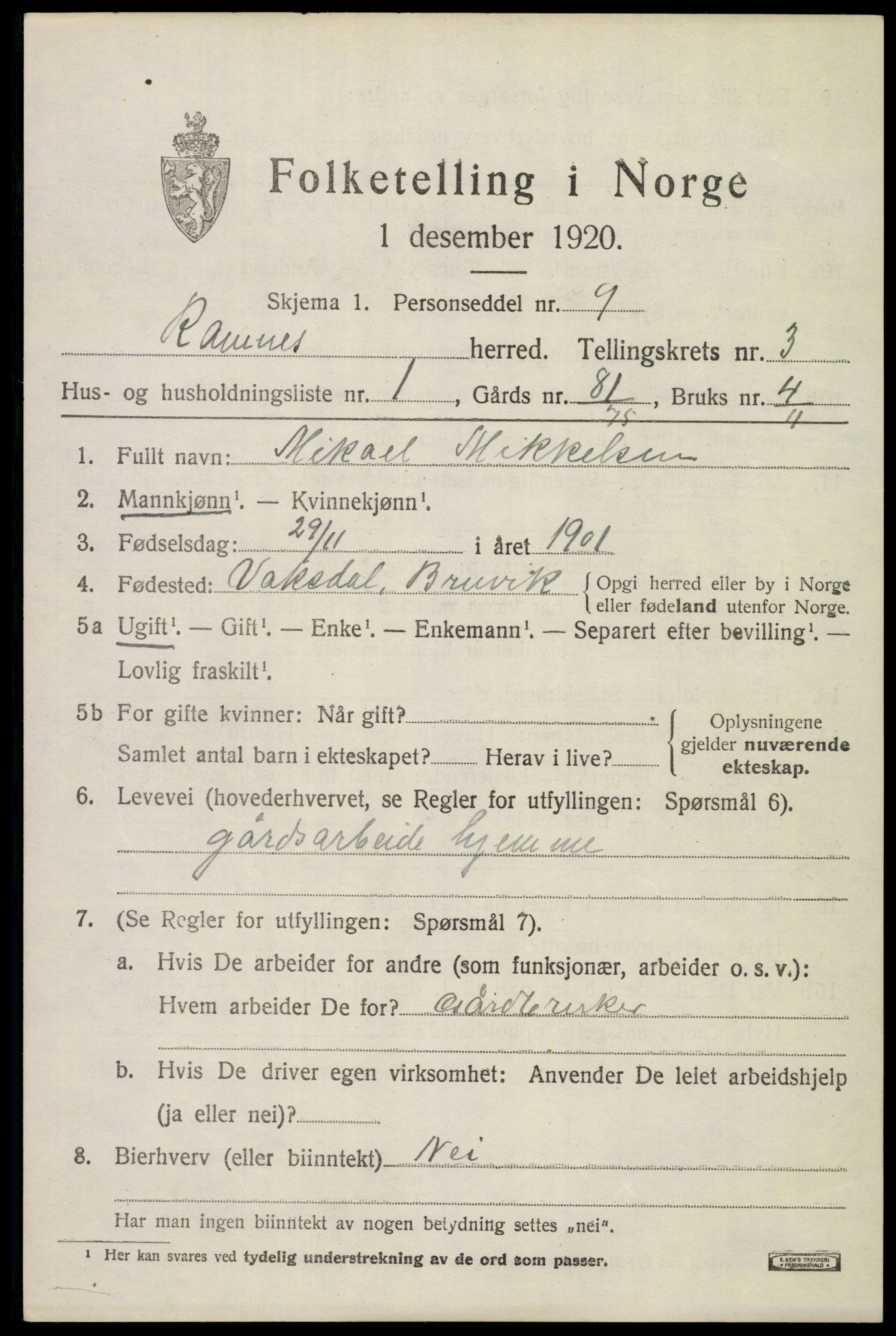 SAKO, 1920 census for Ramnes, 1920, p. 3256