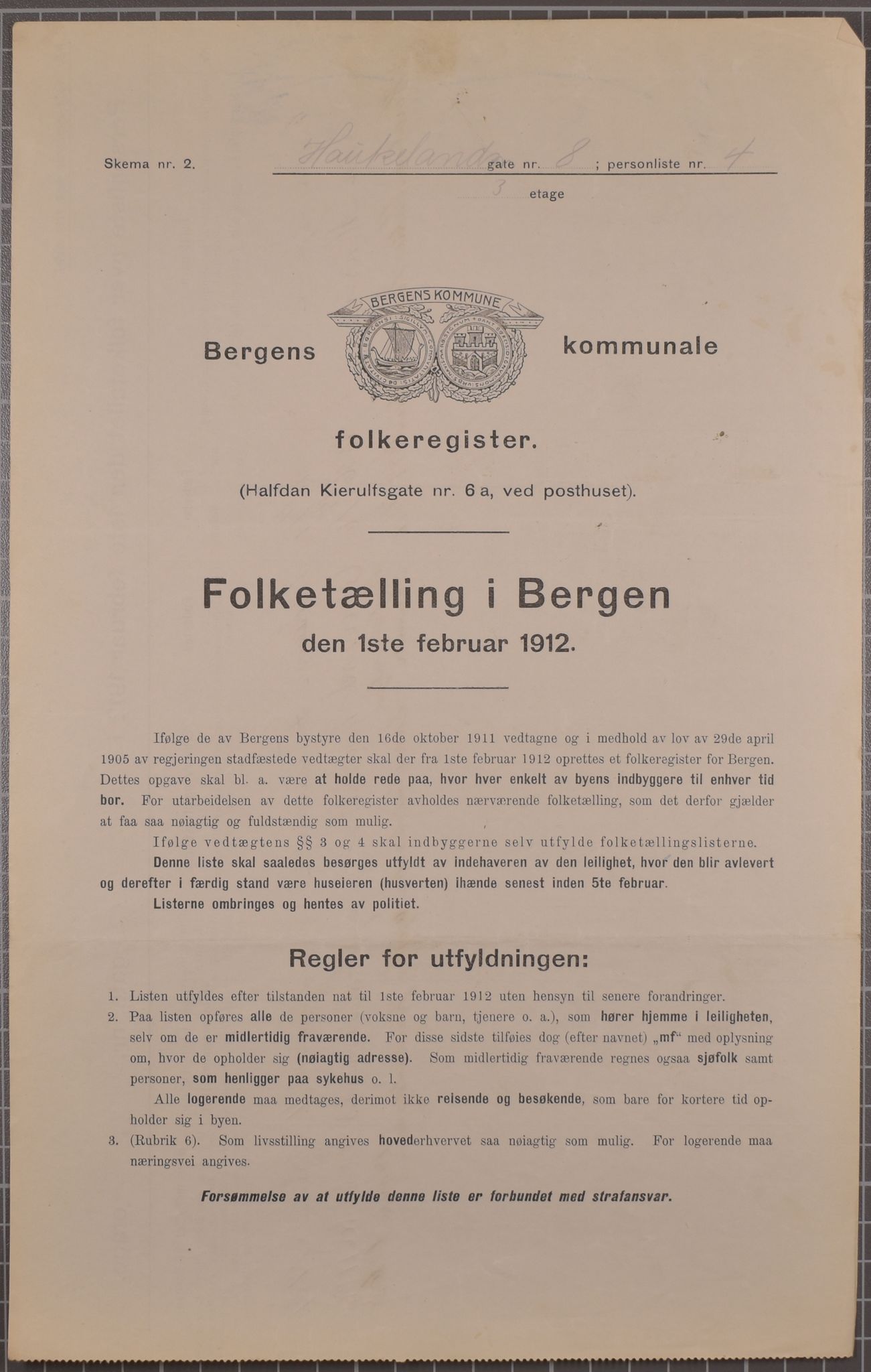 SAB, Municipal Census 1912 for Bergen, 1912, p. 1851