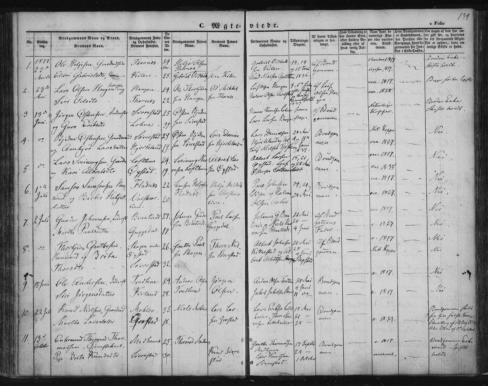 Suldal sokneprestkontor, AV/SAST-A-101845/01/IV/L0008: Parish register (official) no. A 8, 1836-1853, p. 134