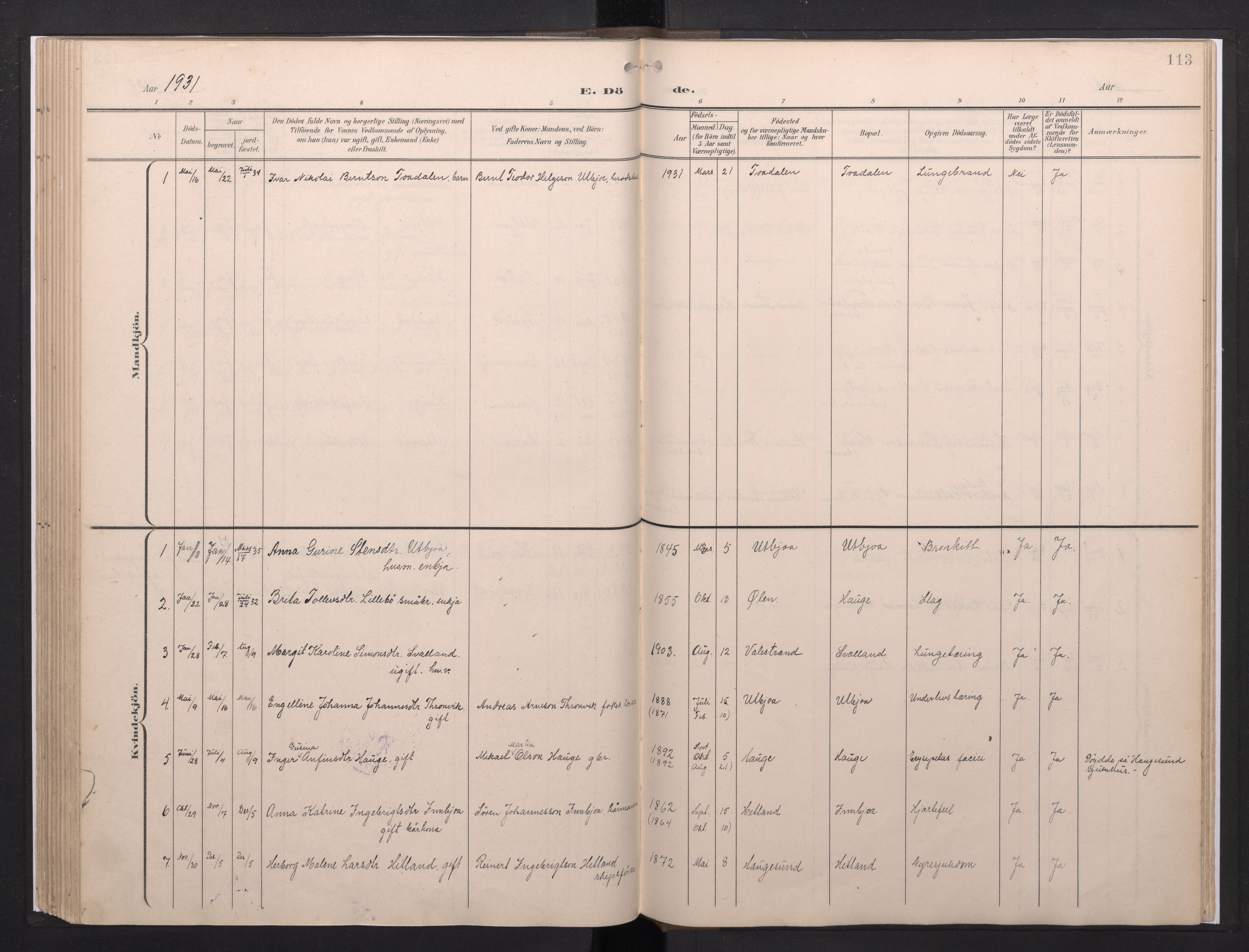 Fjelberg sokneprestembete, SAB/A-75201/H/Haa: Parish register (official) no. E 1, 1903-1948, p. 113