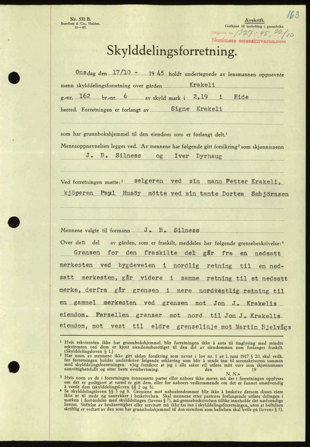 Nordmøre sorenskriveri, AV/SAT-A-4132/1/2/2Ca: Mortgage book no. A100a, 1945-1945, Diary no: : 1327/1945