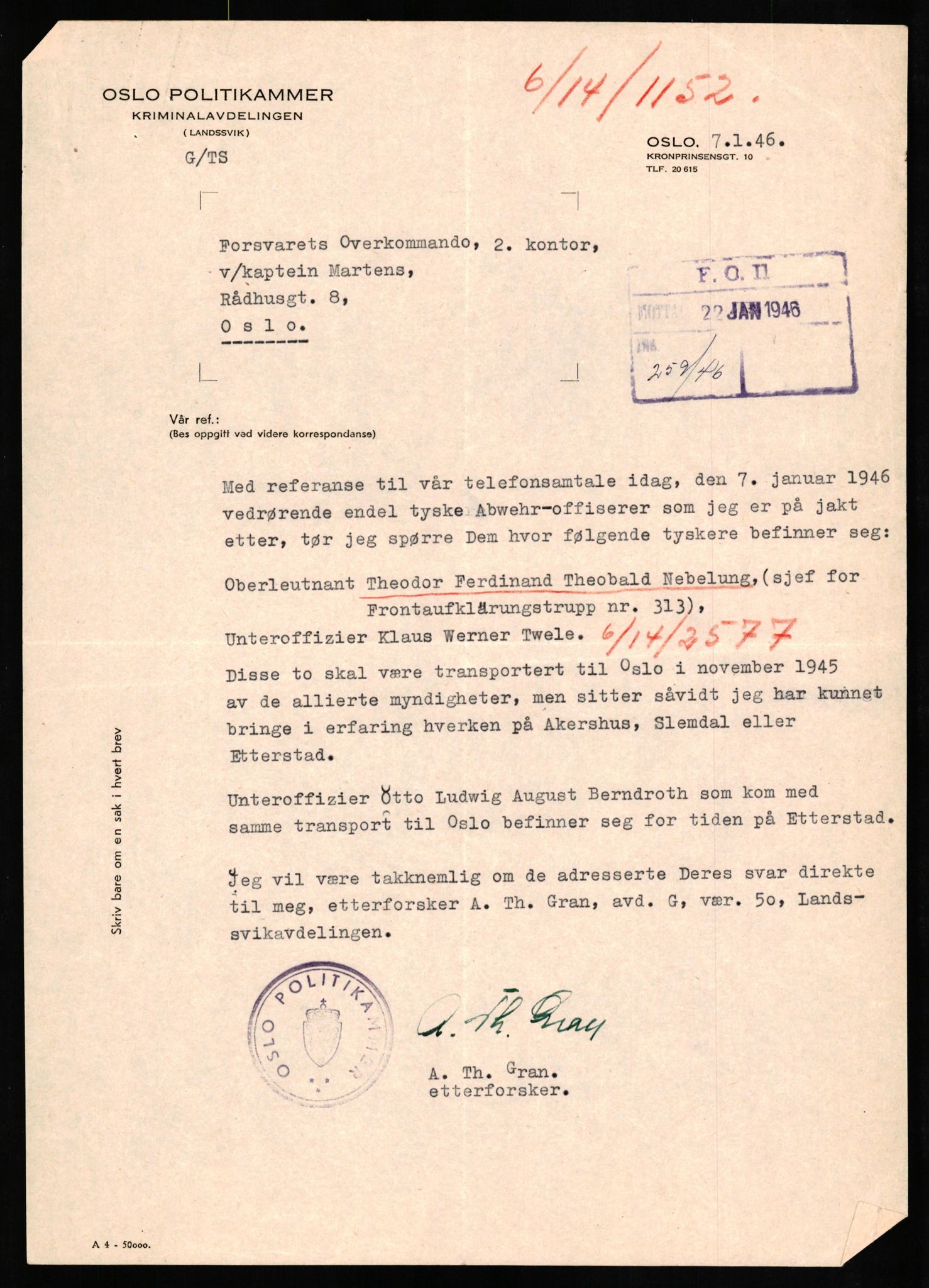 Forsvaret, Forsvarets overkommando II, RA/RAFA-3915/D/Db/L0023: CI Questionaires. Tyske okkupasjonsstyrker i Norge. Tyskere., 1945-1946, p. 487