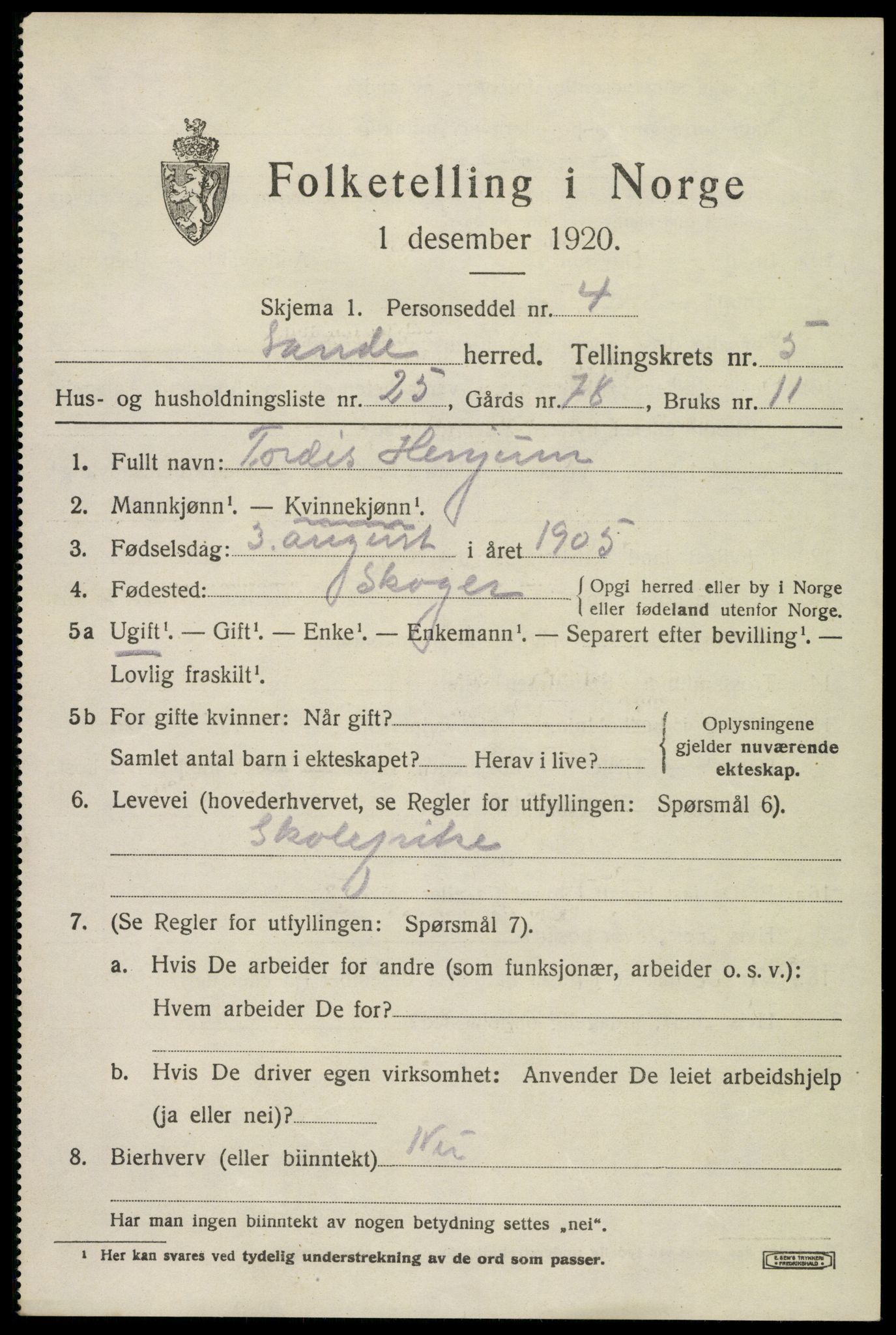 SAKO, 1920 census for Sande, 1920, p. 6408