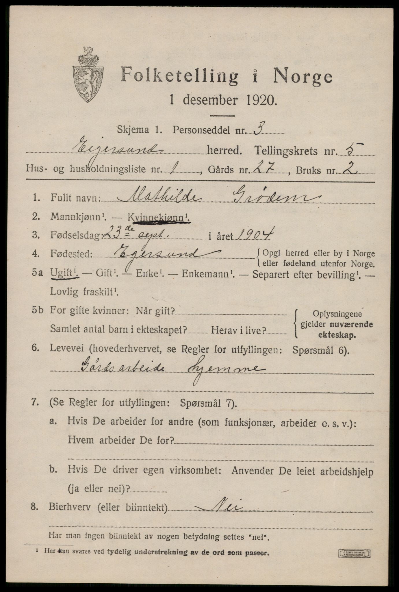 SAST, 1920 census for Eigersund, 1920, p. 3601