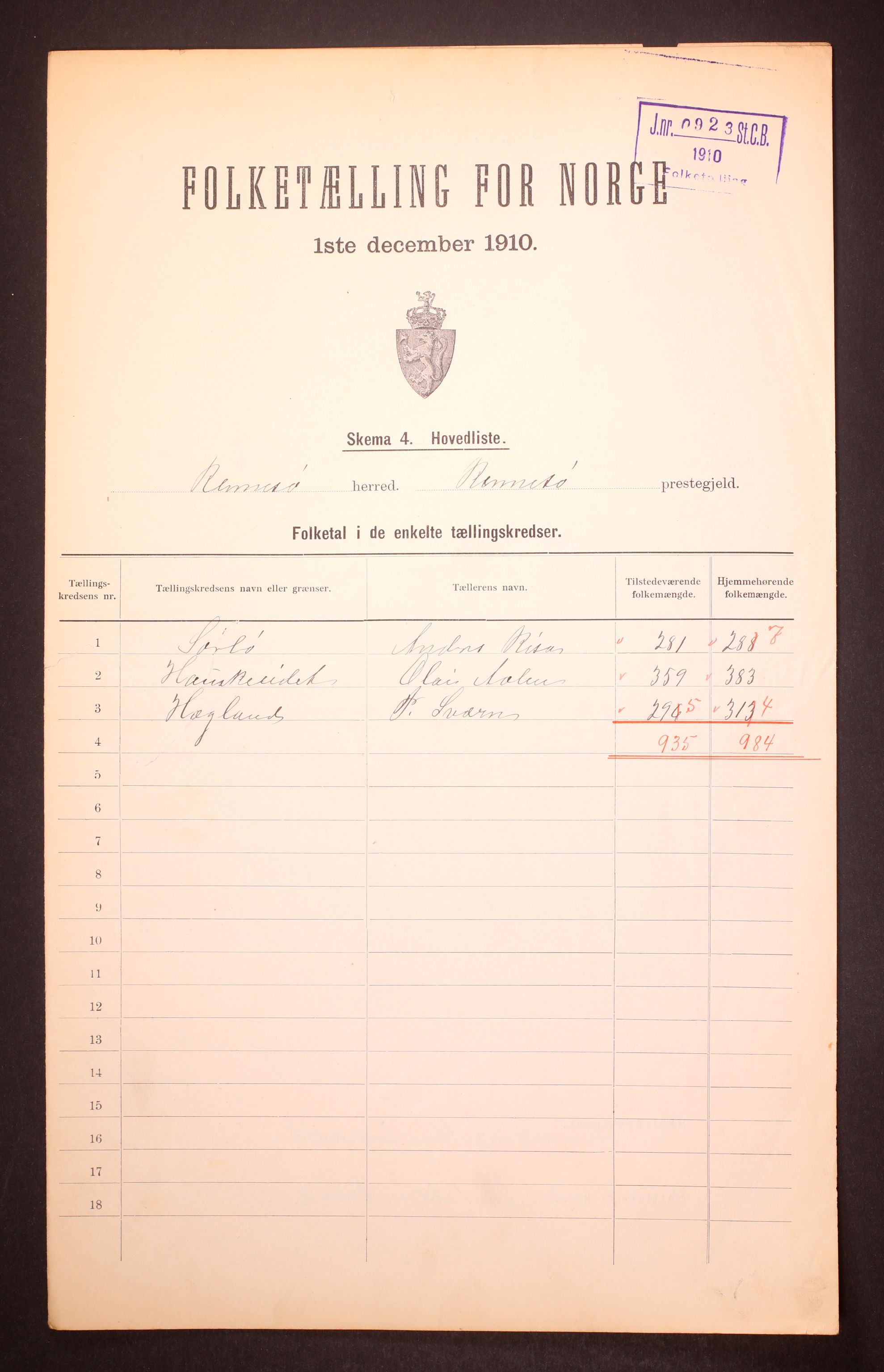 RA, 1910 census for Rennesøy, 1910, p. 2