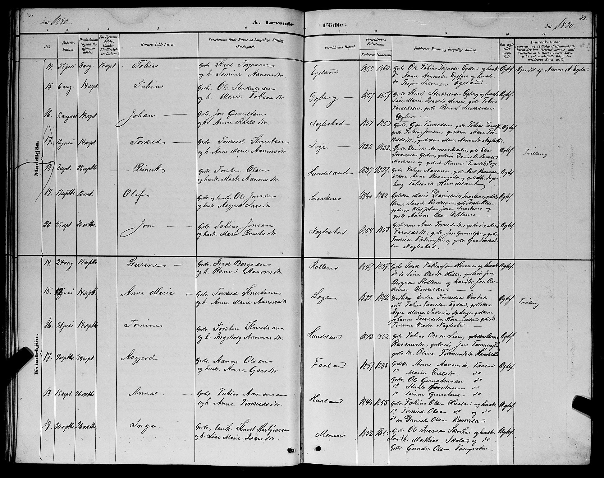 Hægebostad sokneprestkontor, AV/SAK-1111-0024/F/Fb/Fba/L0003: Parish register (copy) no. B 3, 1883-1896, p. 32