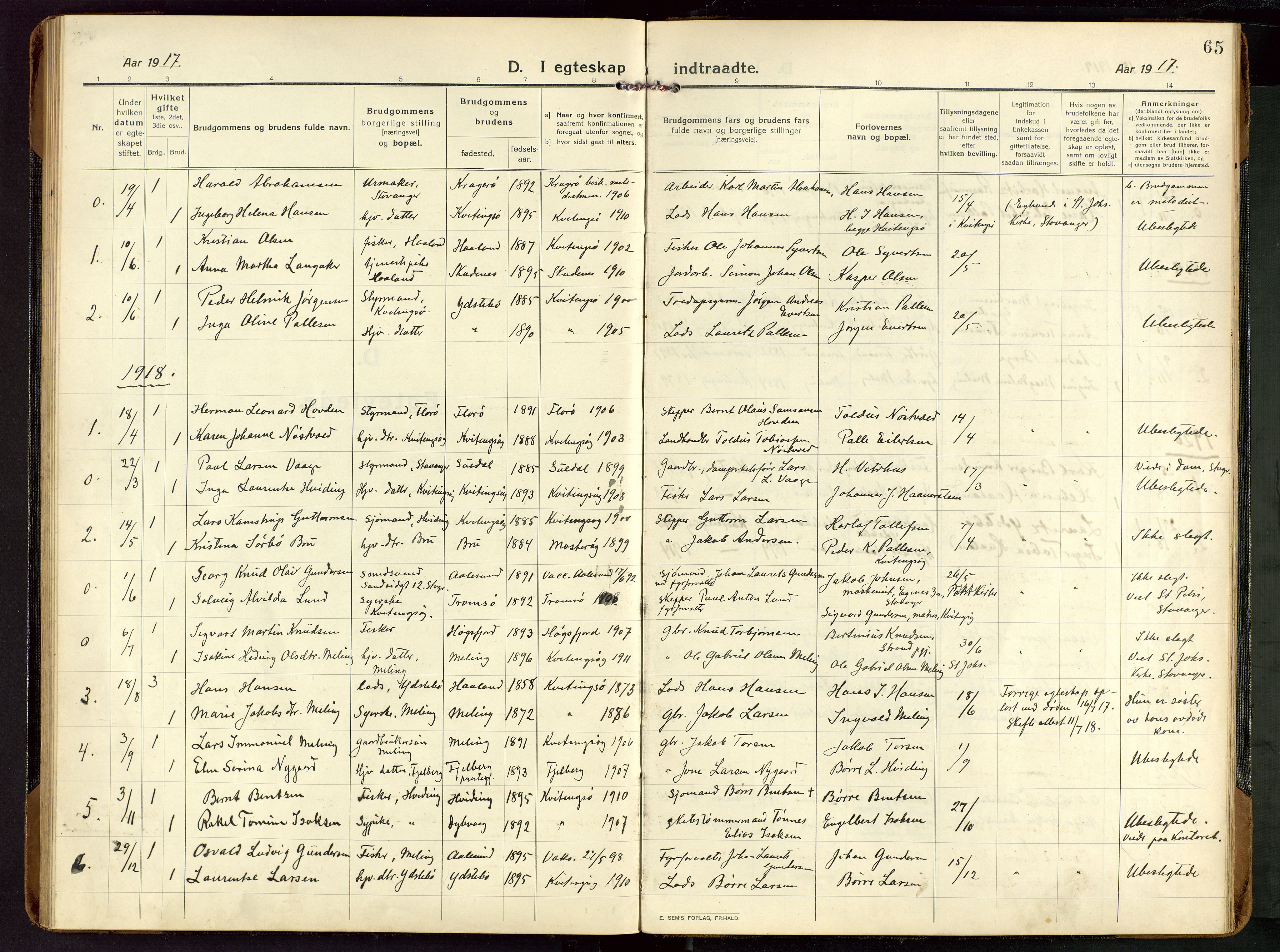 Rennesøy sokneprestkontor, AV/SAST-A -101827/H/Ha/Haa/L0018: Parish register (official) no. A 18, 1917-1937, p. 65