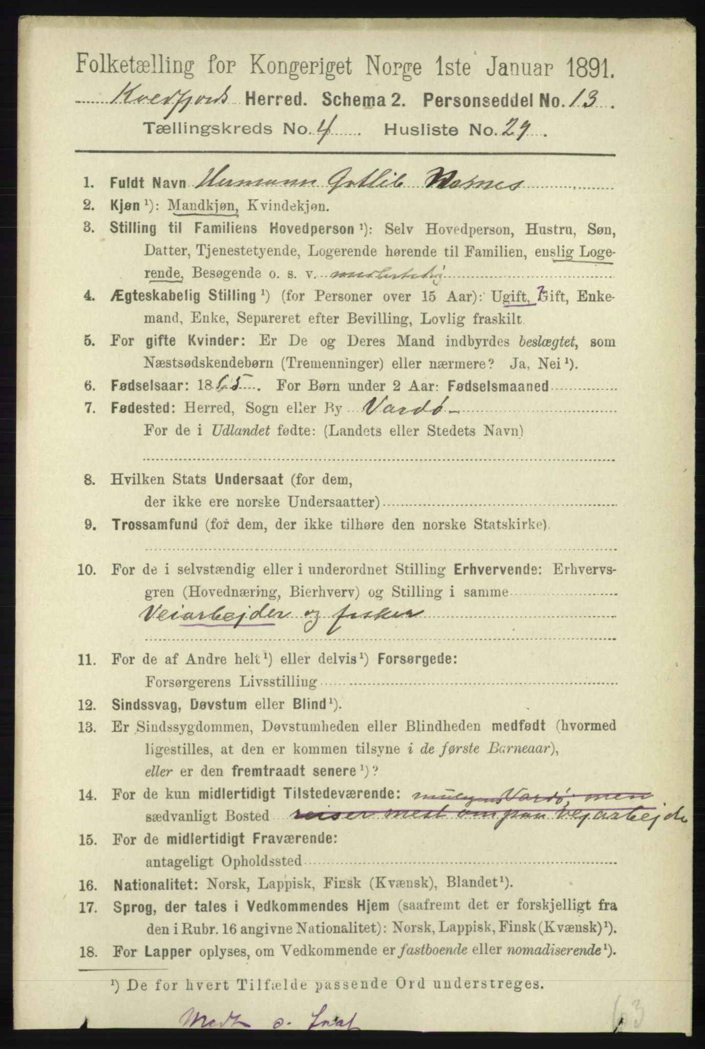 RA, 1891 census for 1911 Kvæfjord, 1891, p. 2086