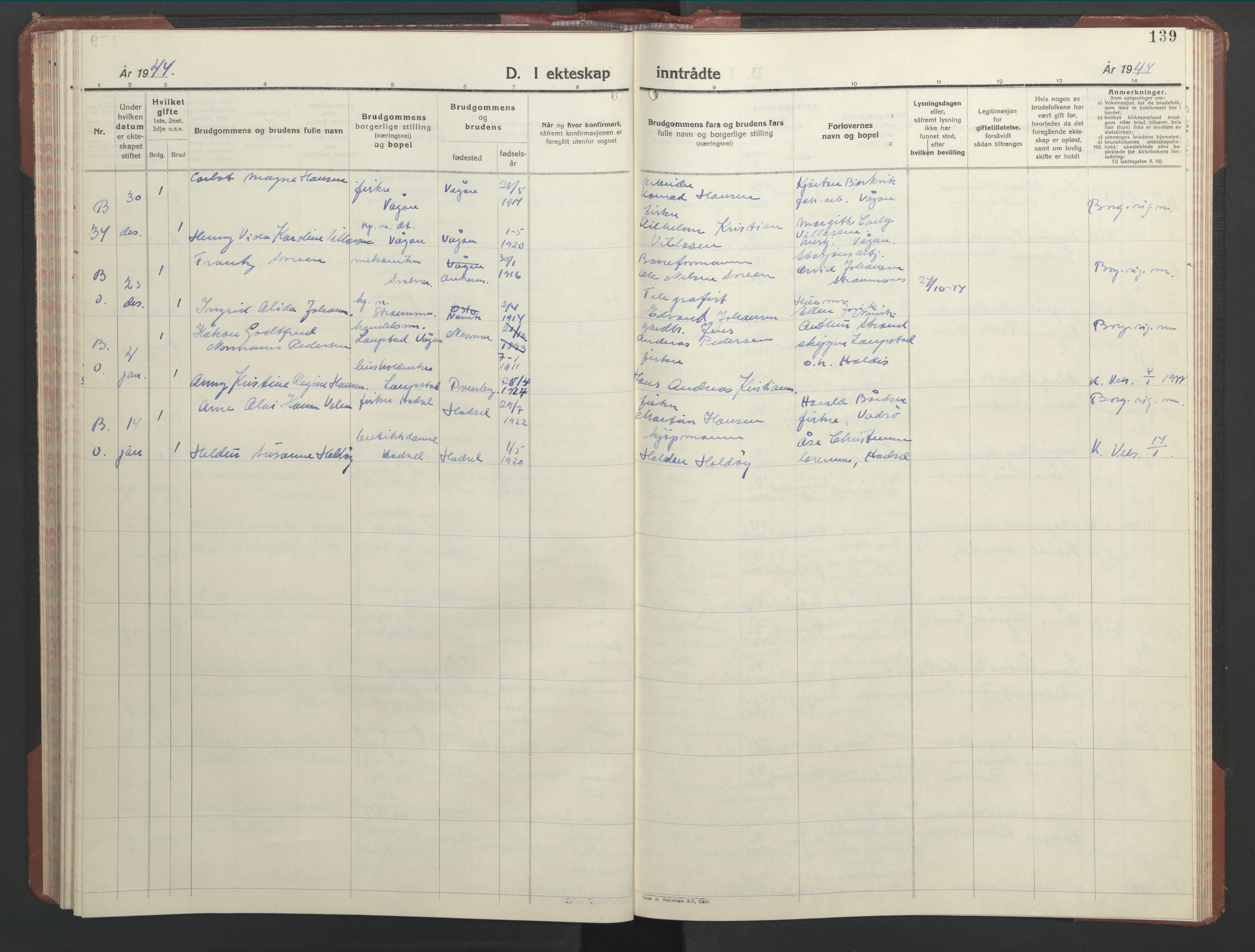 Ministerialprotokoller, klokkerbøker og fødselsregistre - Nordland, AV/SAT-A-1459/877/L1118: Parish register (copy) no. 877C02, 1939-1950, p. 139